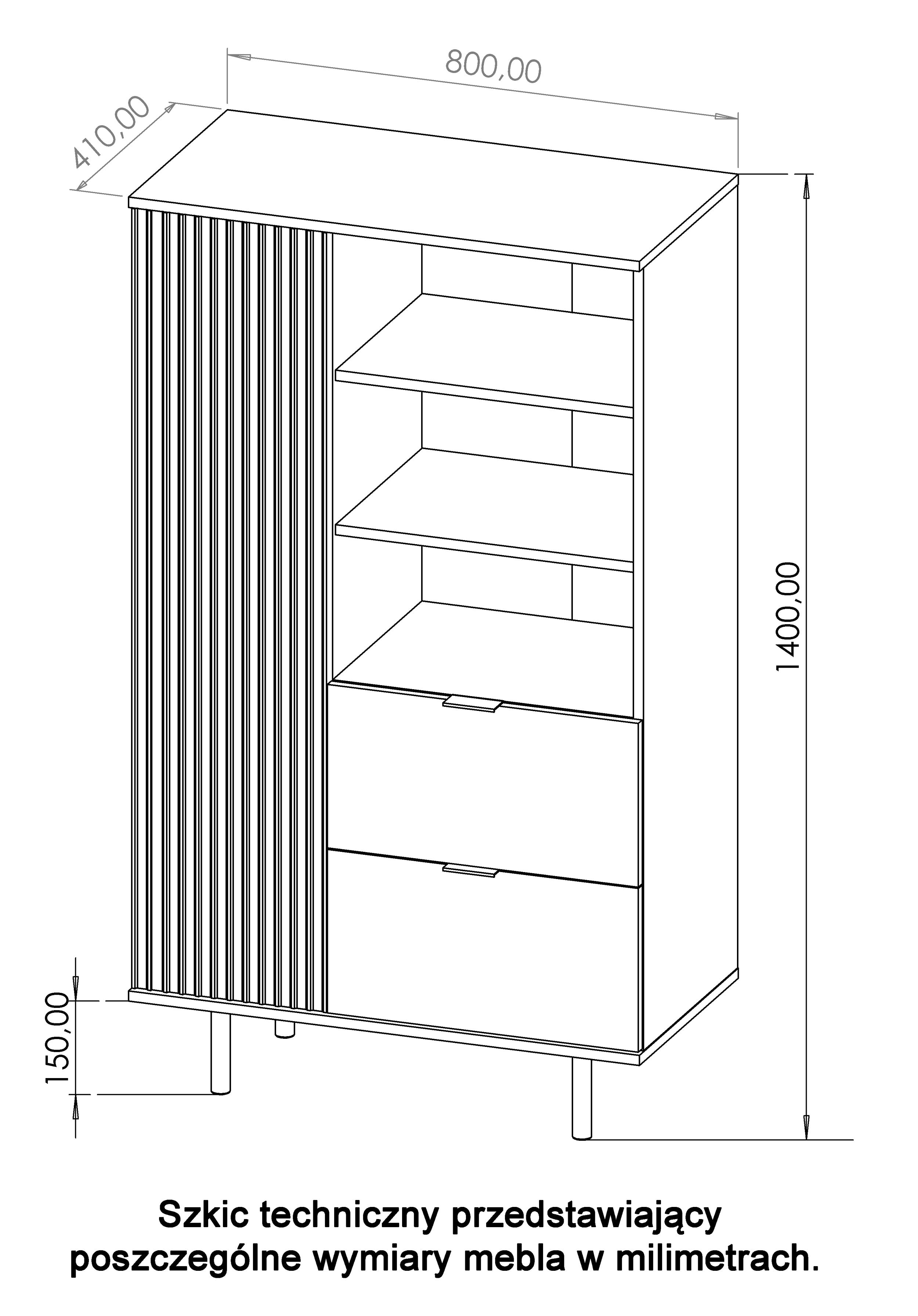 Regał Klazby 80 cm jednodrzwiowy z dwiema szufladami czarny mat lamele
