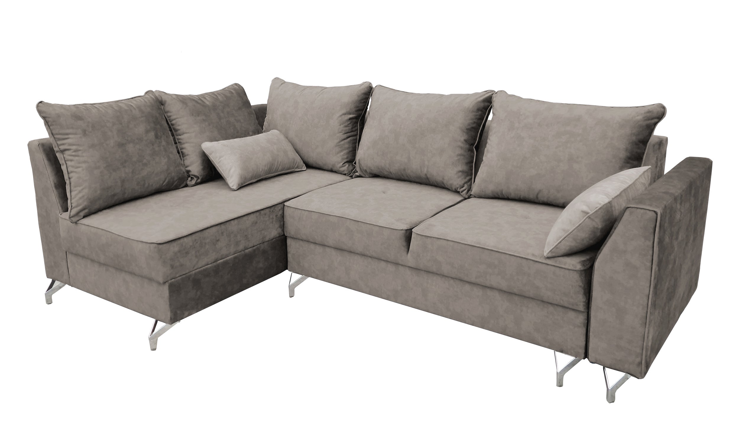 Narożnik z funkcją spania Zaria L-kształtny szarobeżowy z pojemnikiem welur hydrofobowy lewostronny