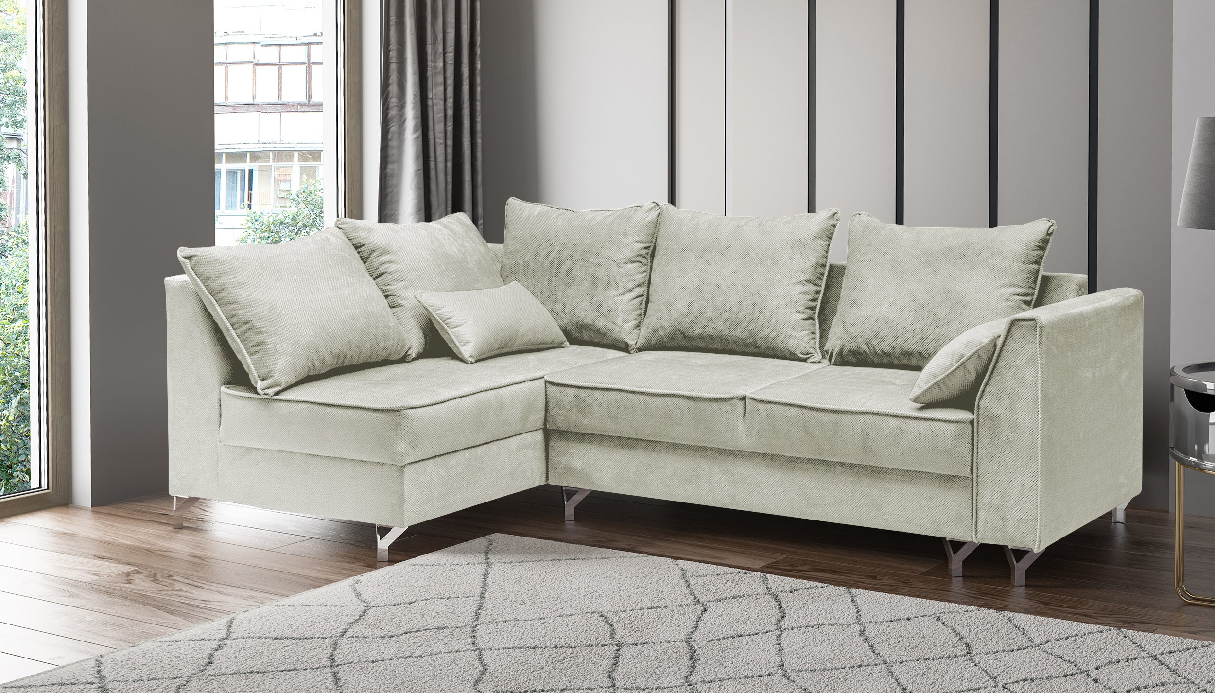 Narożnik z funkcją spania Zaria L-kształtny kremowy z pojemnikiem welur hydrofobowy lewostronny