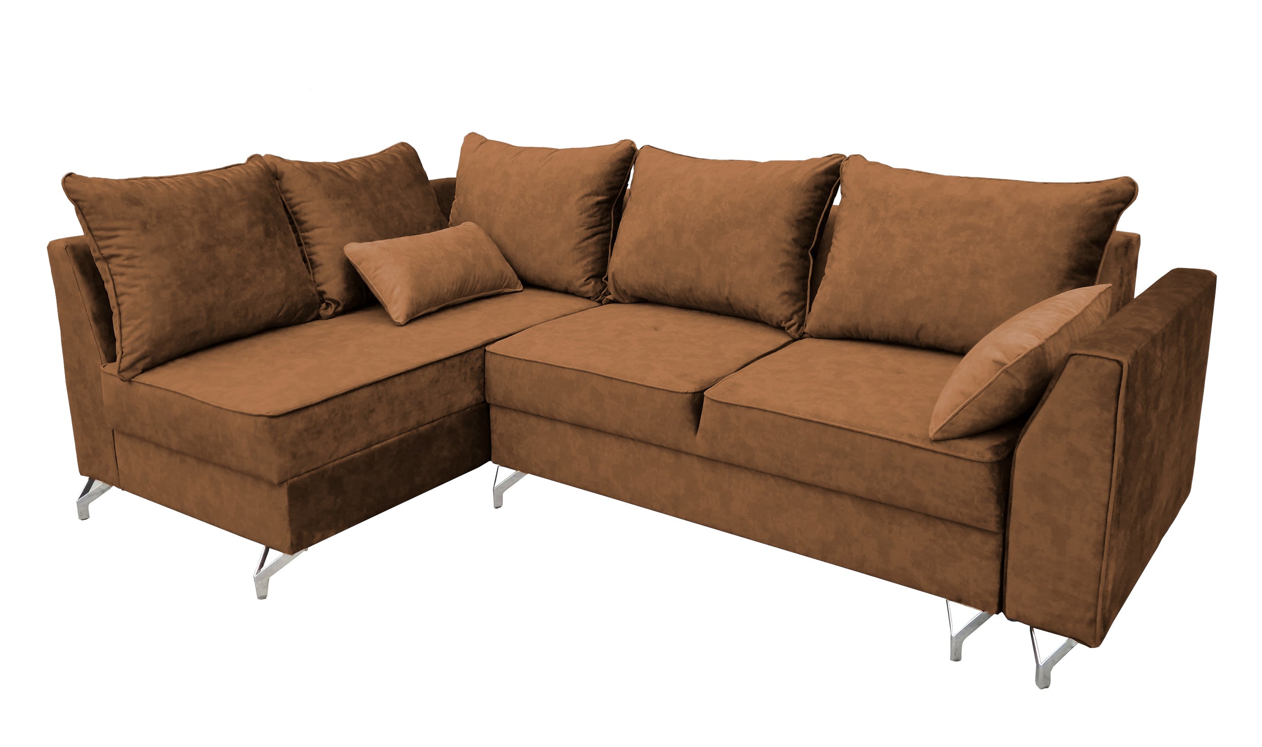 Narożnik z funkcją spania Zaria L-kształtny miedziany z pojemnikiem welur hydrofobowy lewostronny