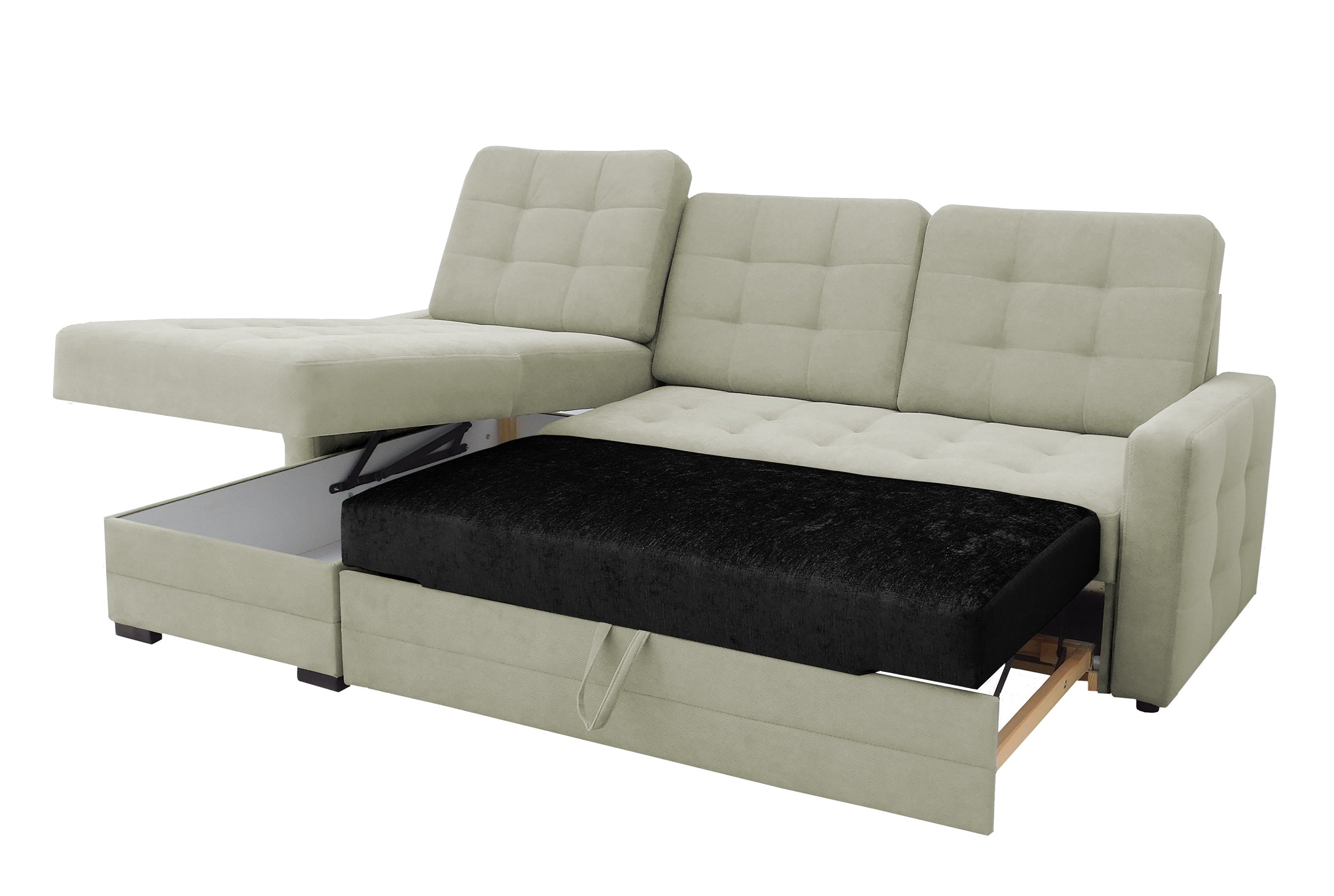 Narożnik z funkcją spania Tando Mini L-kształtny beżowy z pojemnikiem welur hydrofobowy uniwersalny