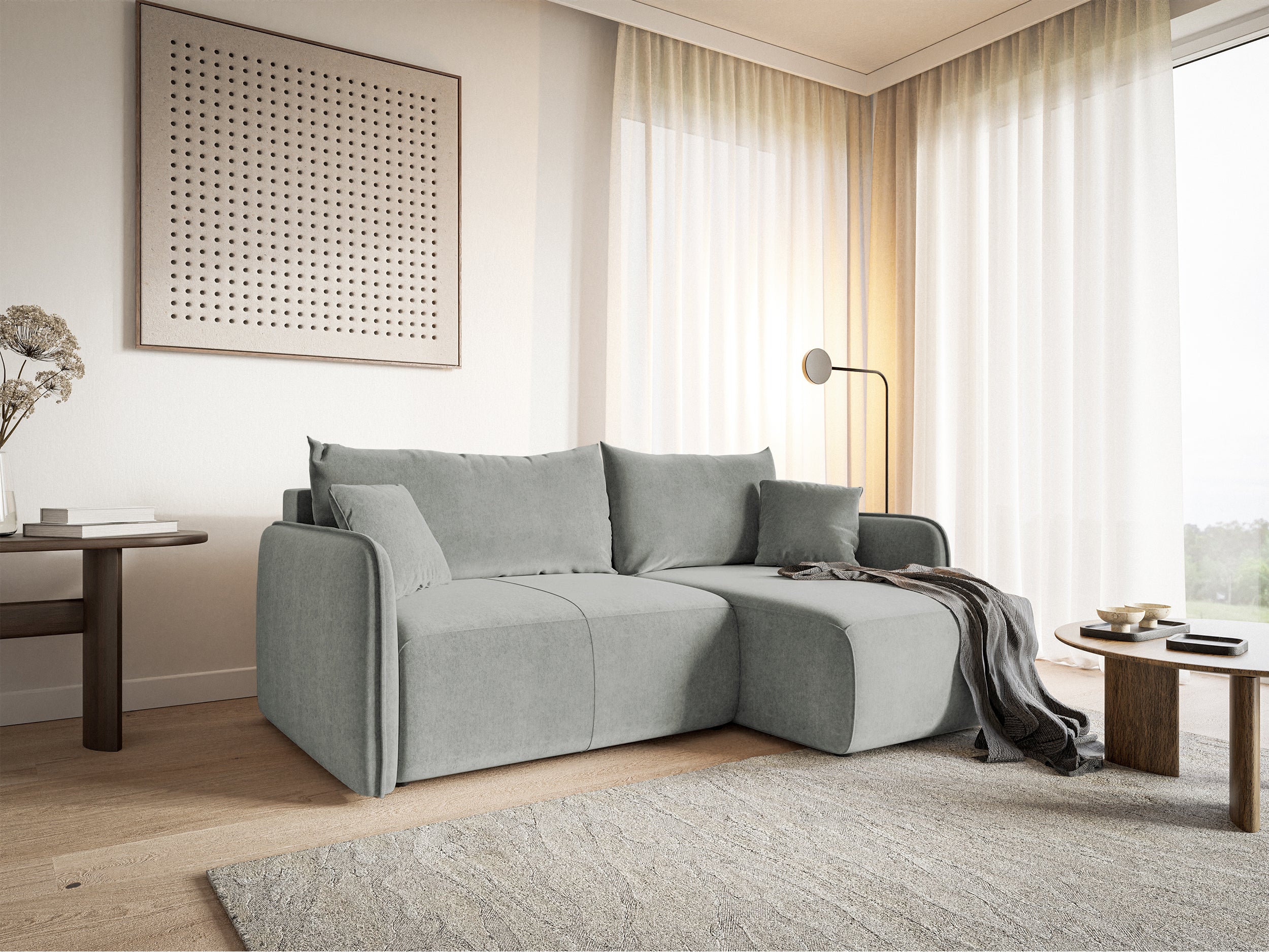 Narożnik z funkcją spania Mamla L-kształtny jasnoszary z pojemnikiem welur hydrofobowy uniwersalny