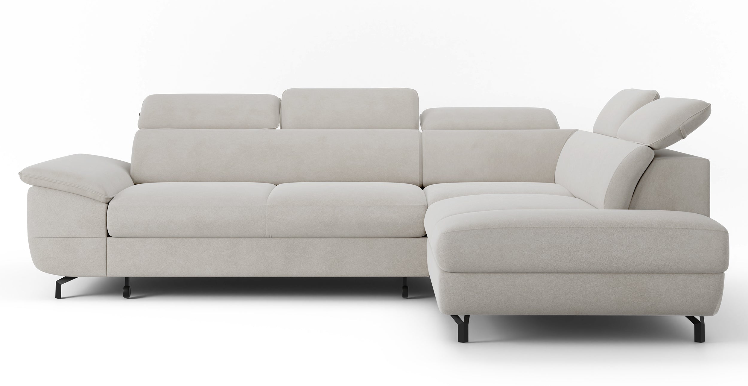 Narożnik z funkcją spania Lambo L-kształtny z boczkiem z regulowanymi zagłówkami i pojemnikiem kremowy welur łatwoczyszczący prawostronny