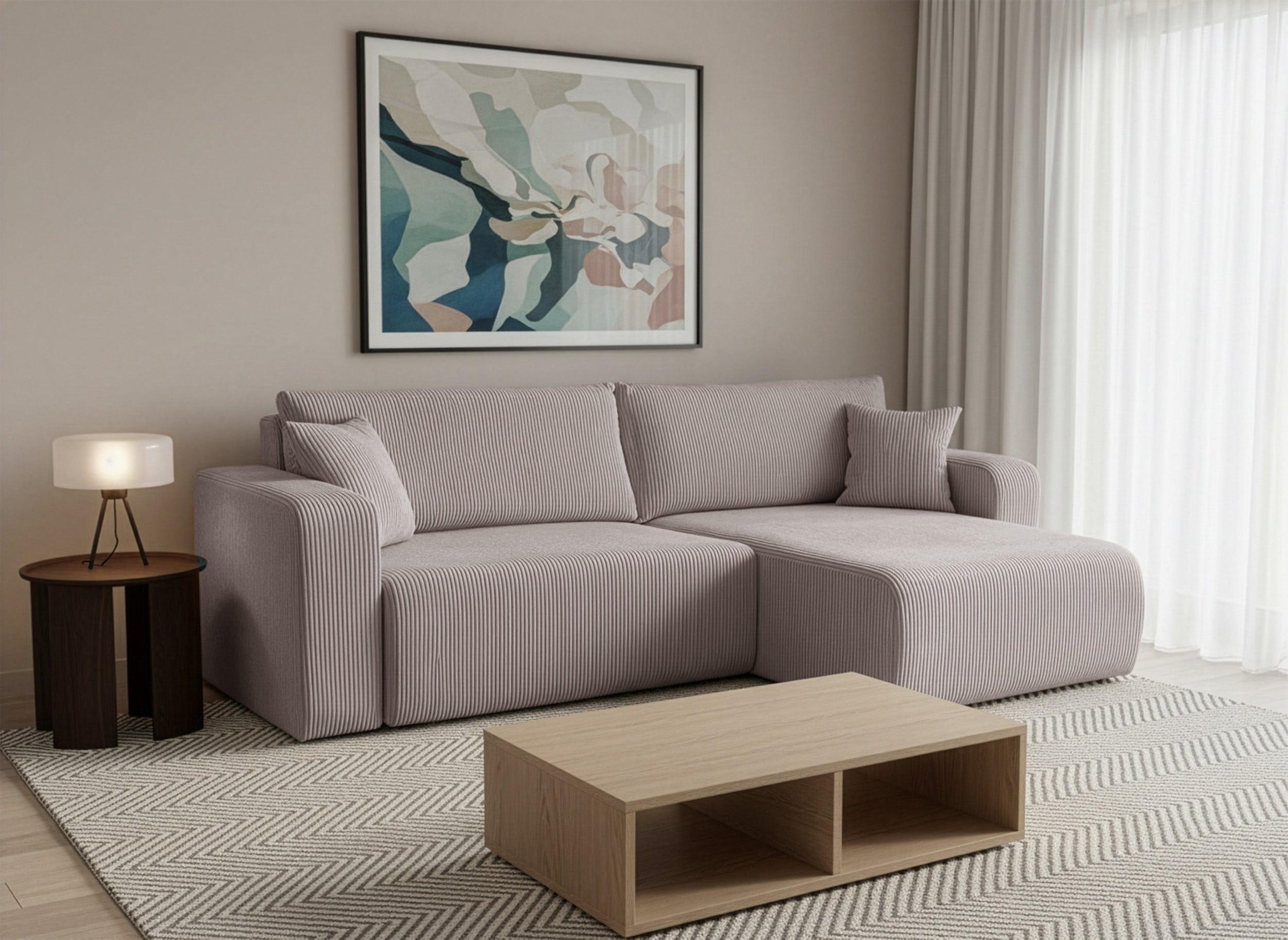 Narożnik z funkcją spania Nellio L-kształtny uniwersalny z pojemnikiem beżowy sztruks