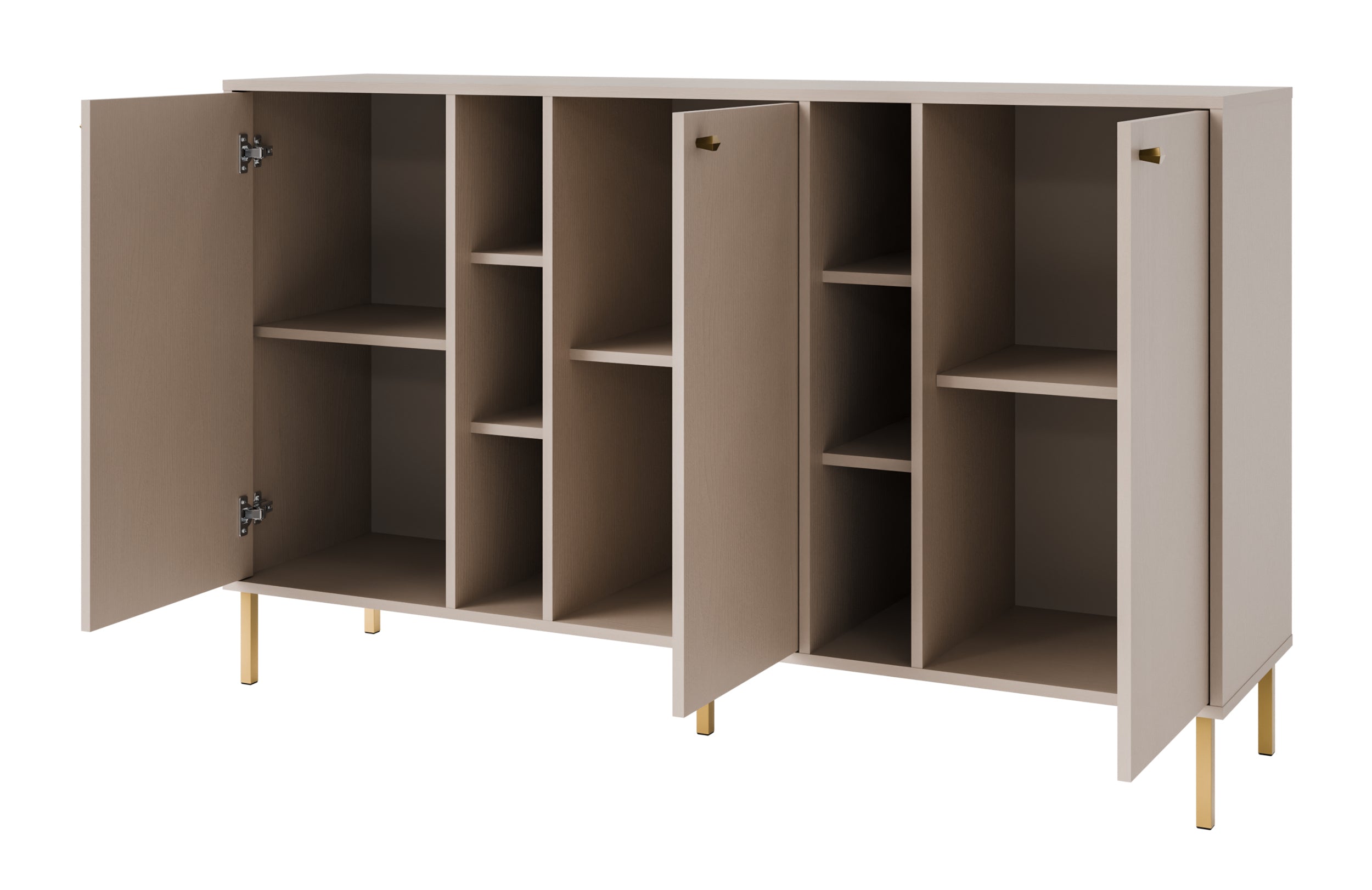 Komoda trzydrzwiowa Oktio z półkami 159 cm beż piaskowy na złotych nogach