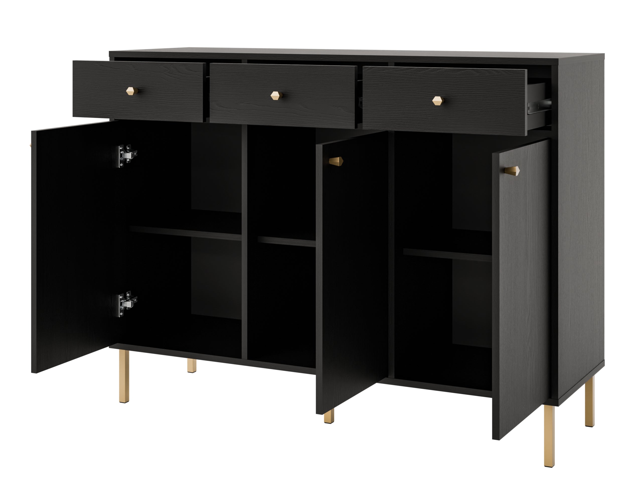 Komoda trzydrzwiowa Oktio z trzema szufladami 125 cm czarny grafit na złotych nogach