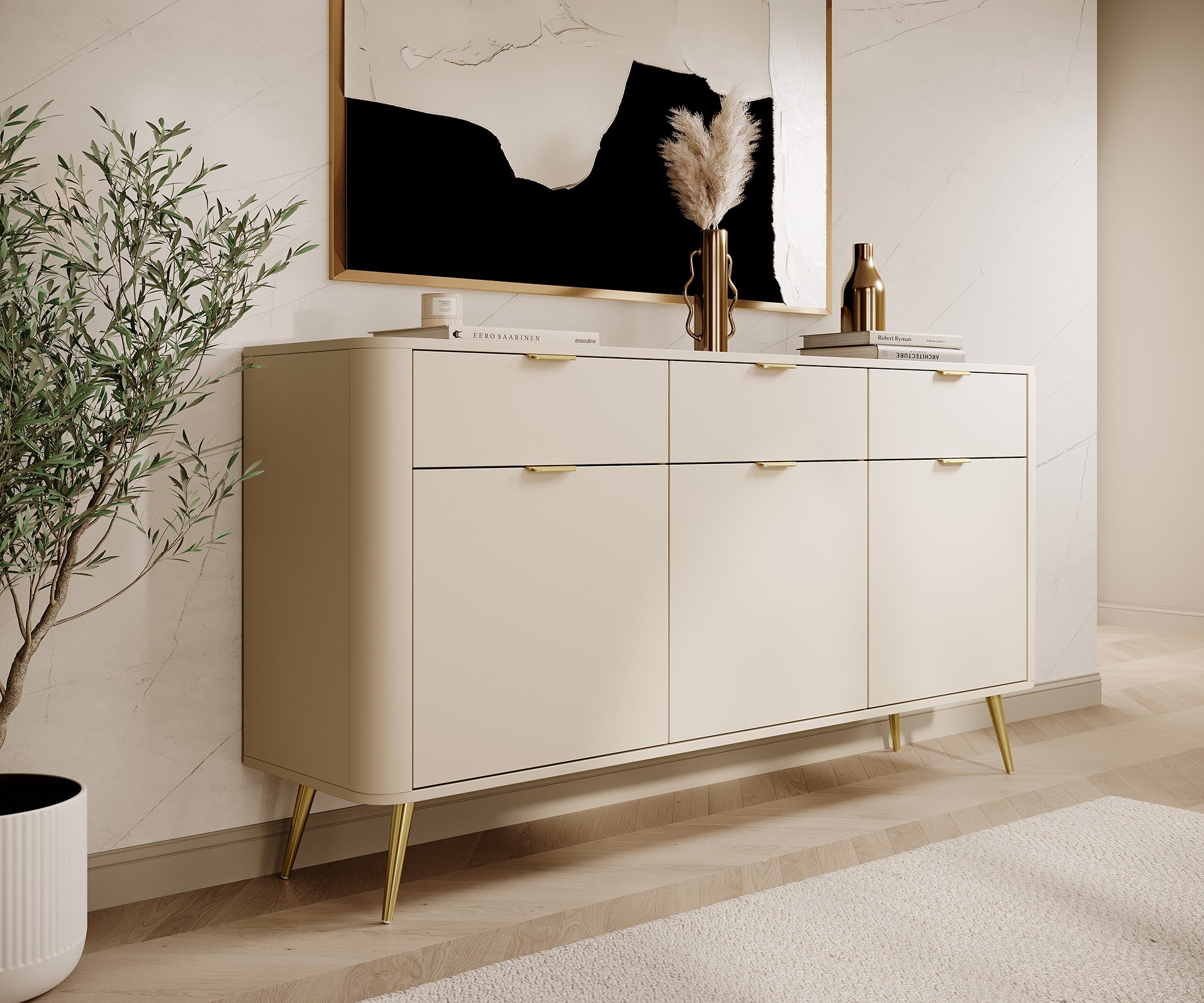 Komoda trzydrzwiowa Oval z szufladami 163,5 cm beż piaskowy