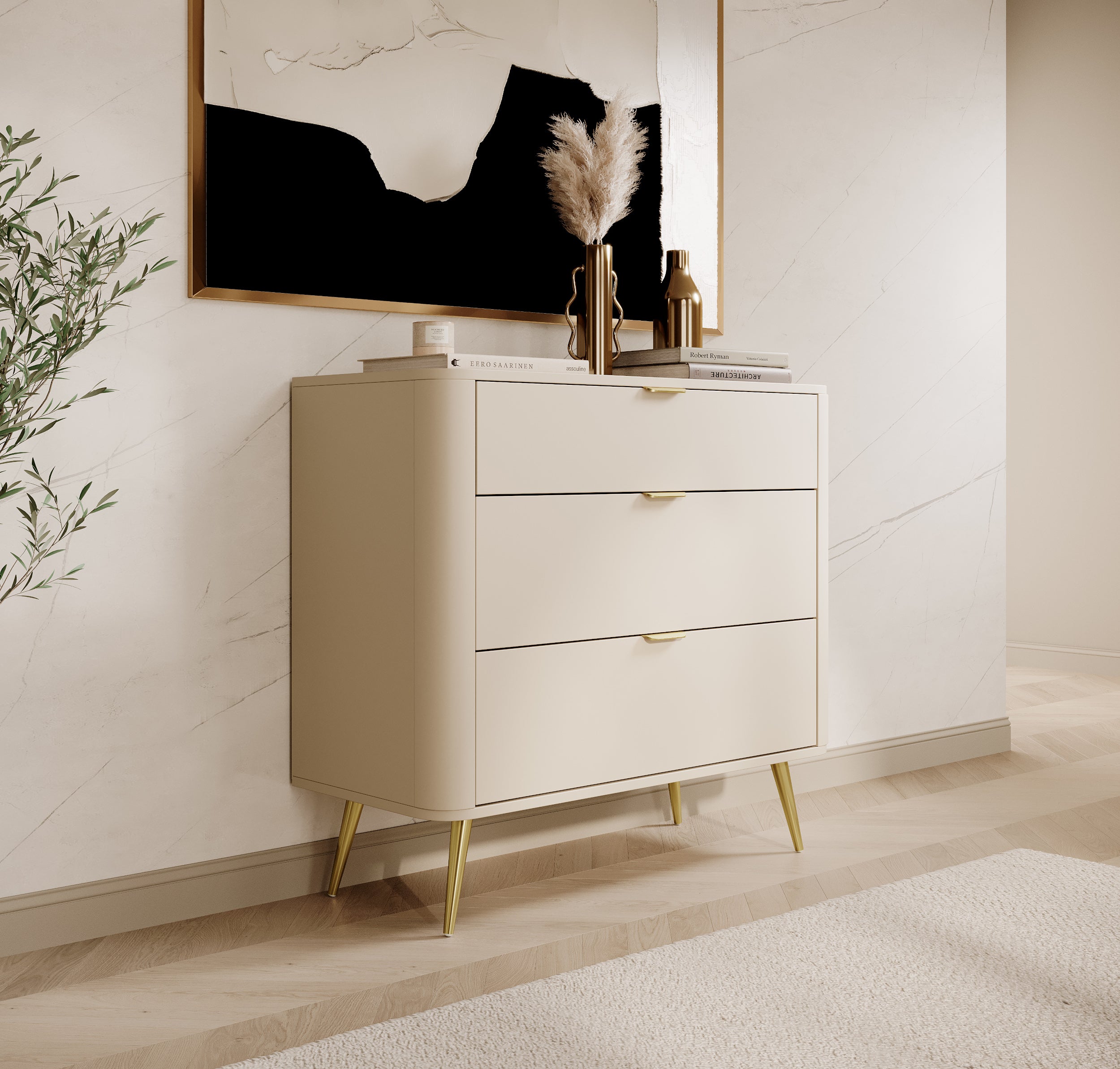 Komoda Oval z trzema szufladami 92 cm beż piaskowy
