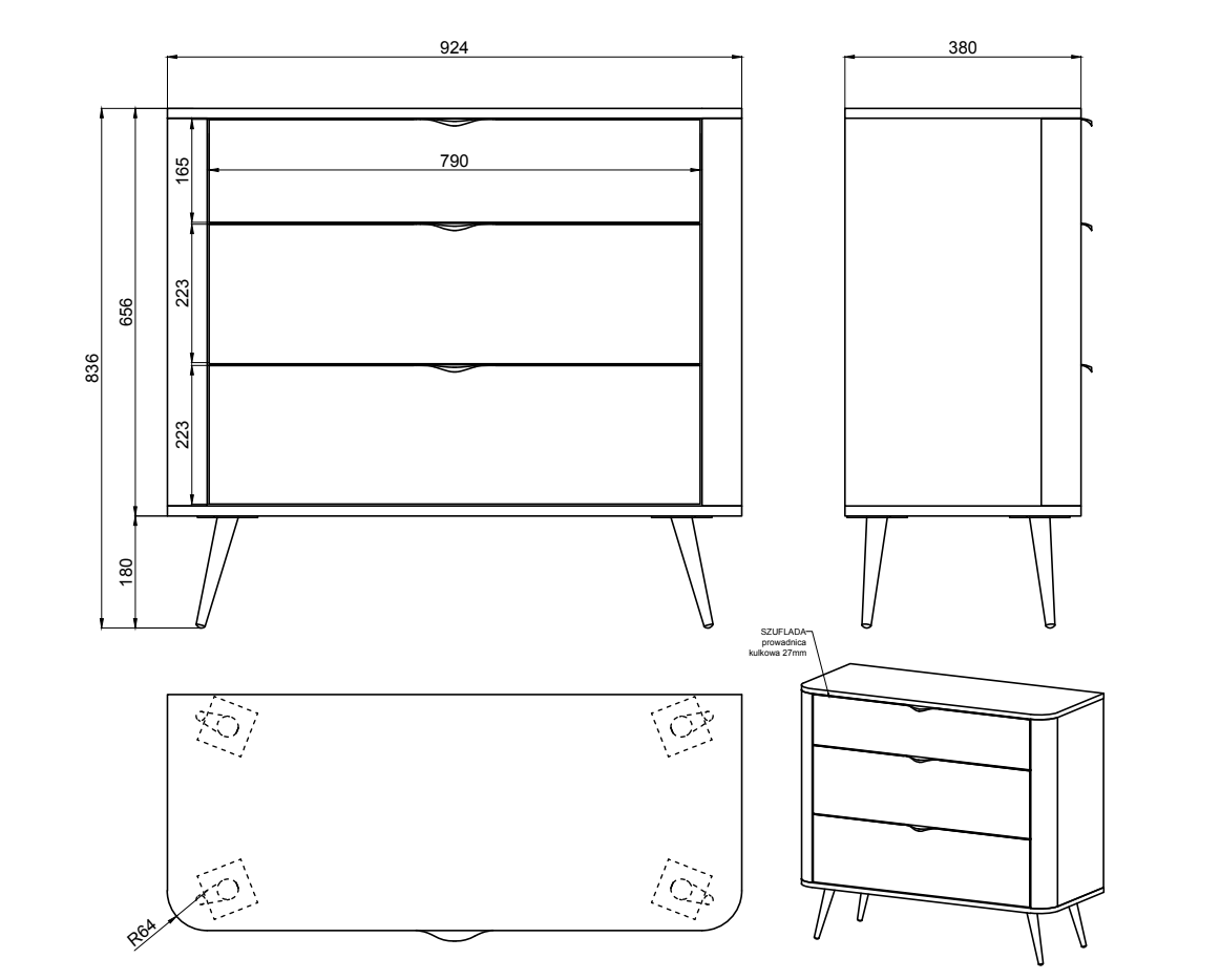 Komoda Oval z trzema szufladami 92 cm Biała