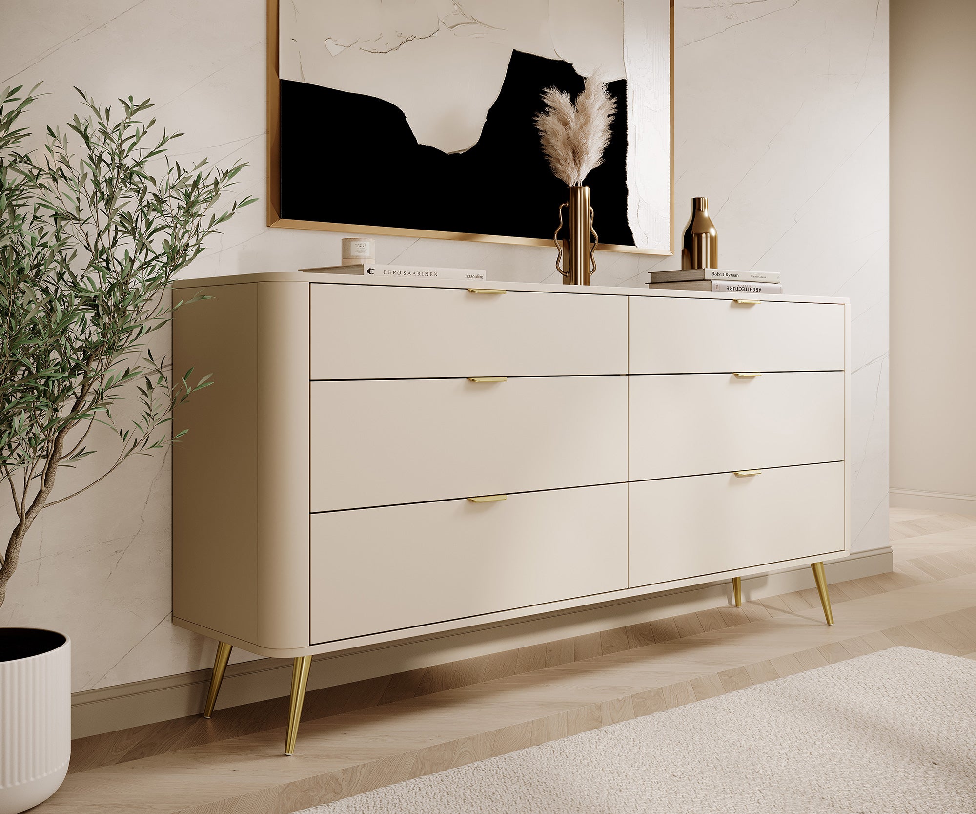 Komoda Oval z sześcioma szufladami 173 cm beż piaskowy