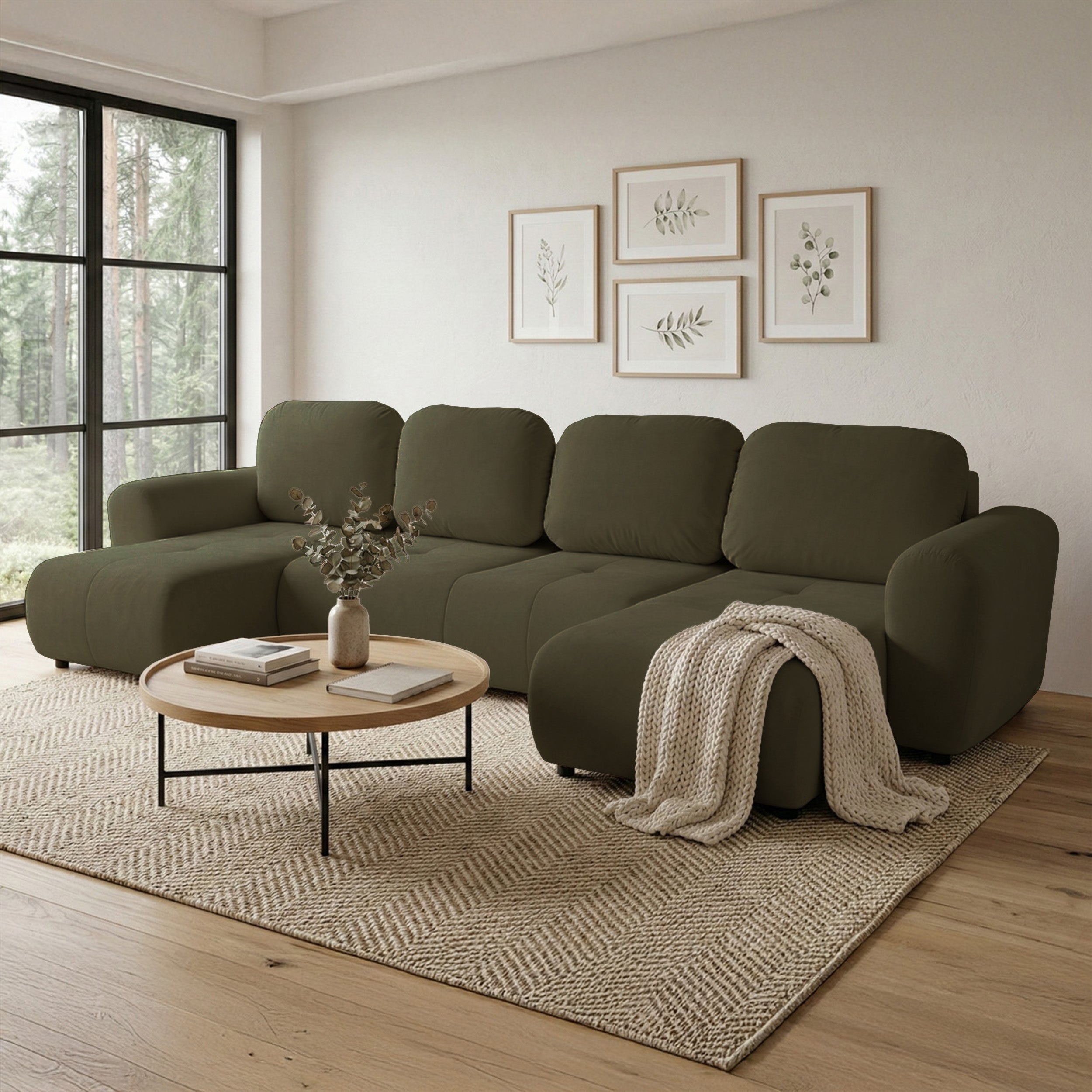 Narożnik z funkcją spania Olido U-kształtny uniwersalny z pojemnikiem oliwkowy welur hydrofobowy