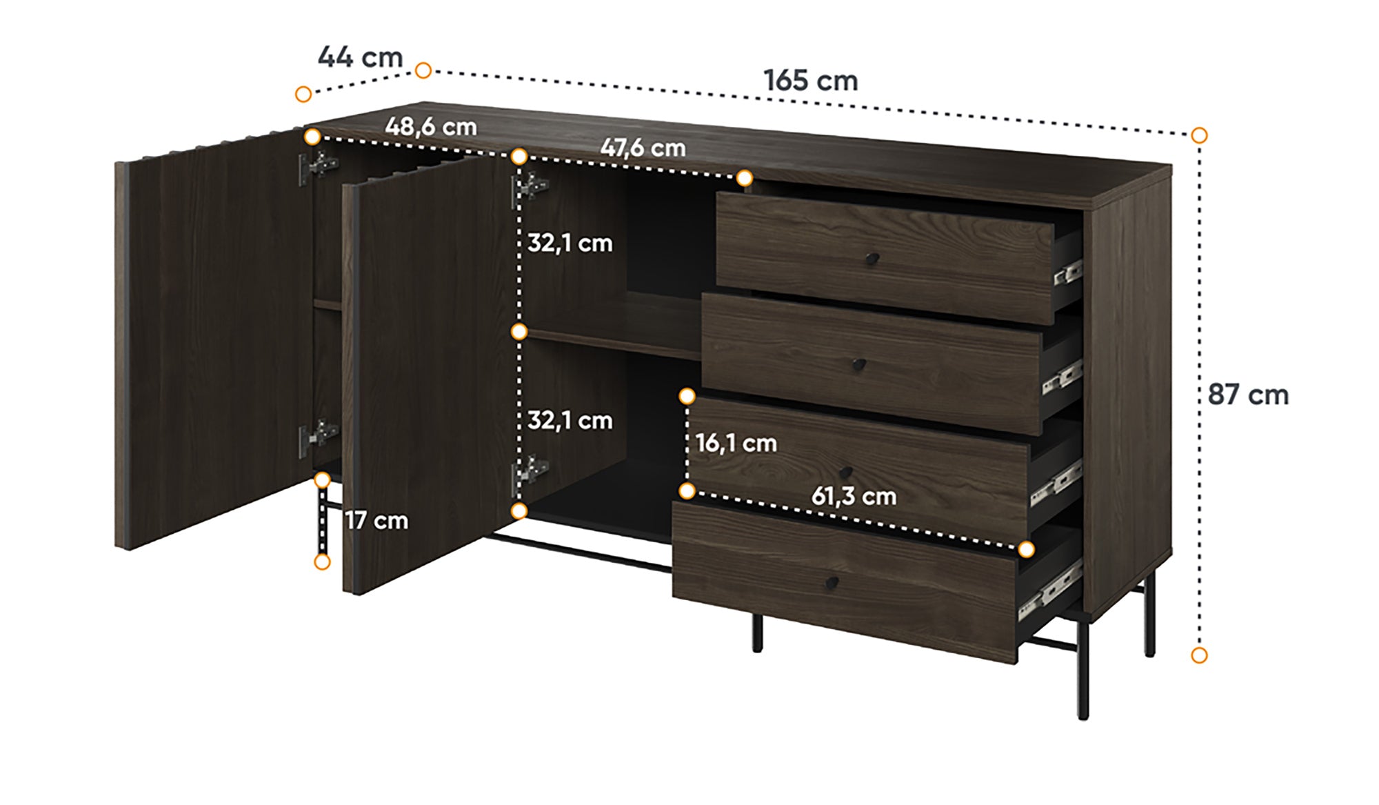 Komoda dwudrzwiowa Piemonte z czterema szufladami 165cm Jesion portland/czarny