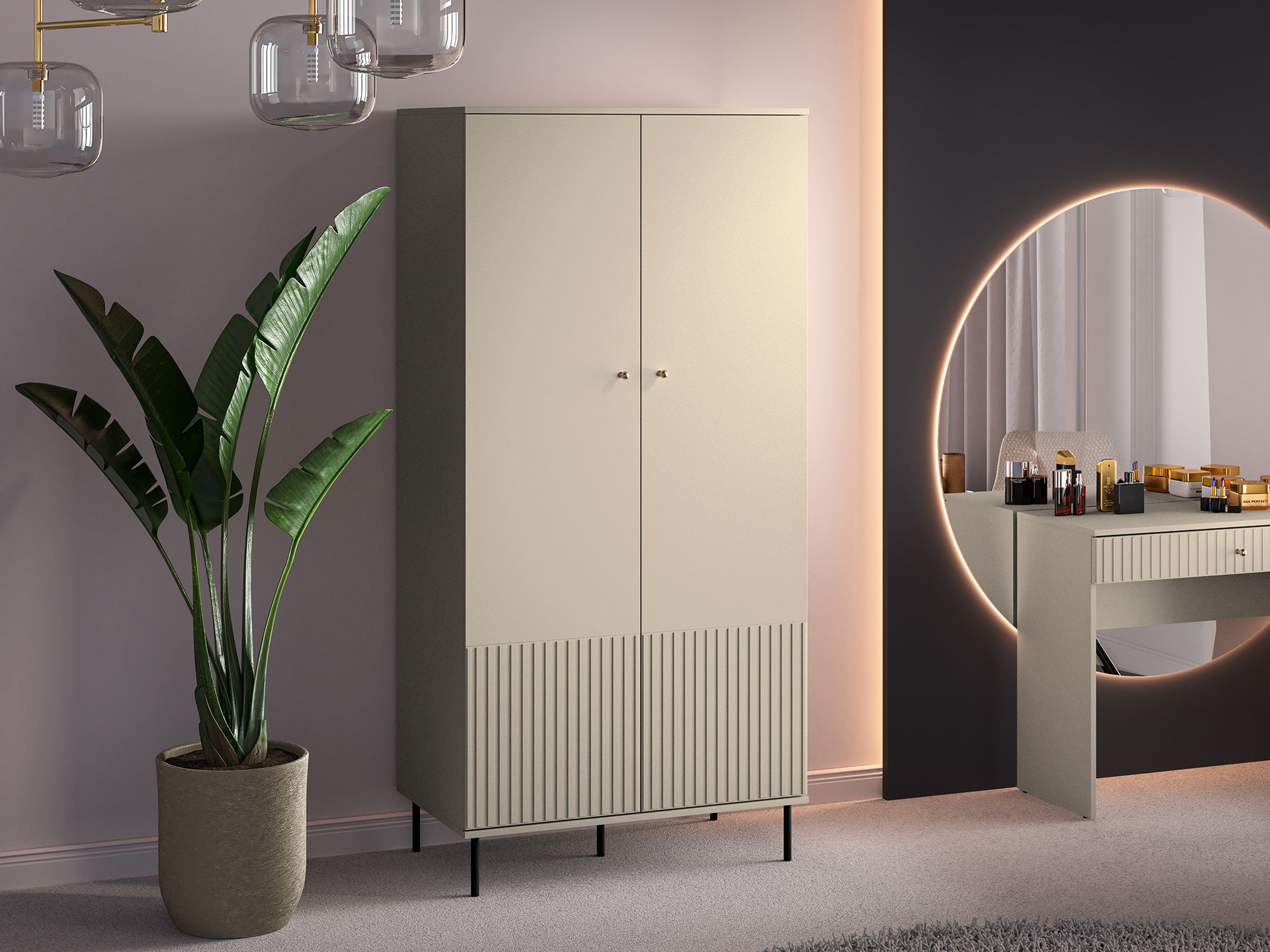 Szafa dwudrzwiowa Caletto 92 cm ozdobne lamele beżowa