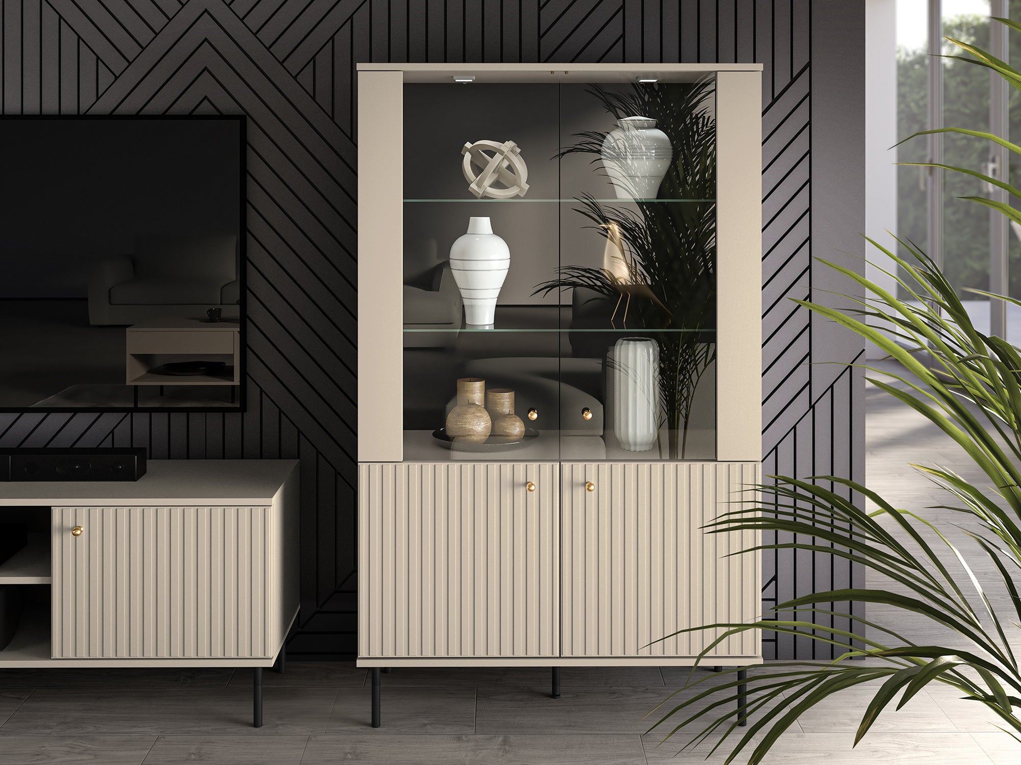 Witryna dwudrzwiowa Caletto 92 cm ozdobne lamele beżowa