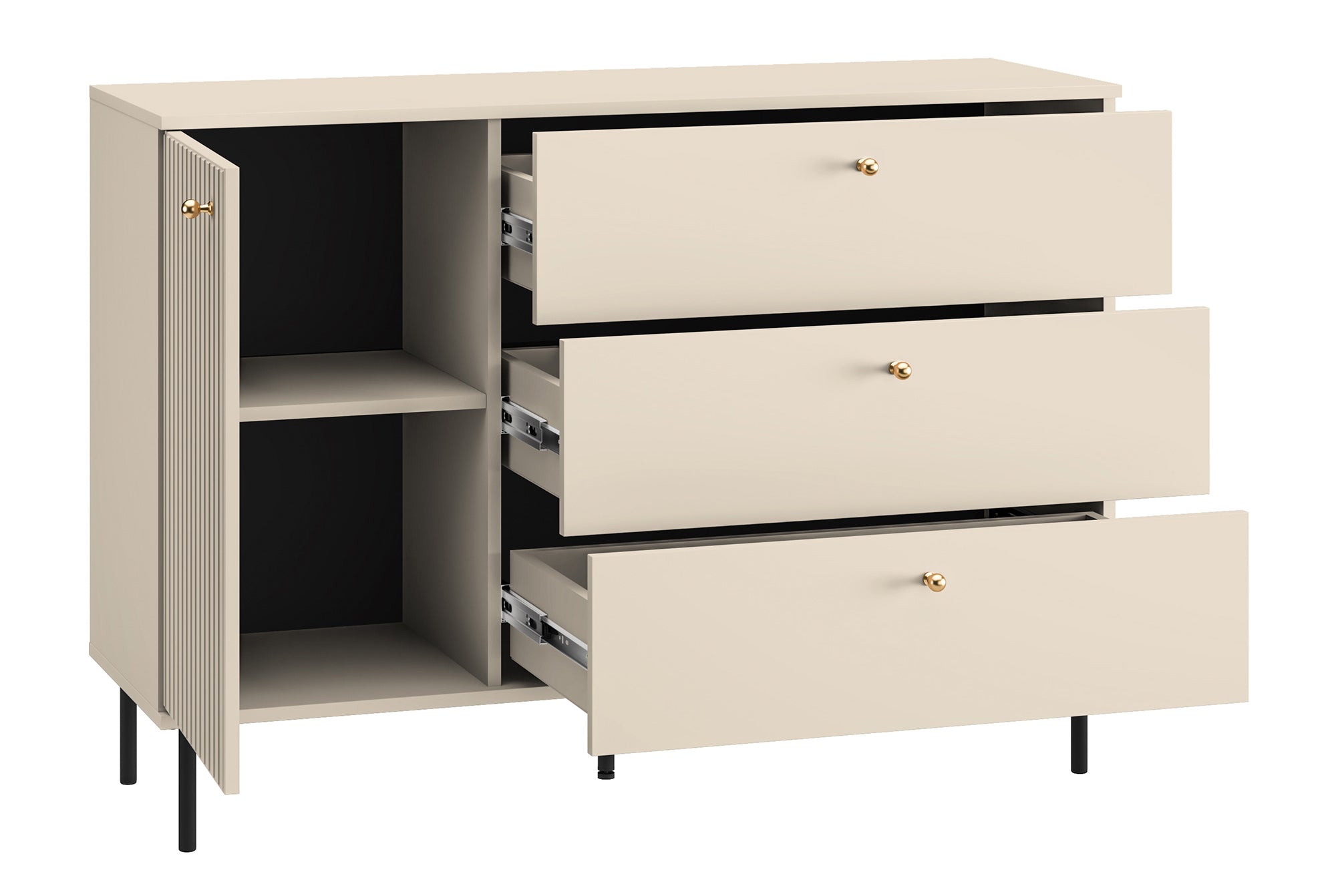 Komoda jednodrzwiowa Caletto z trzema szufladami 120 cm ozdobne lamele beżowa