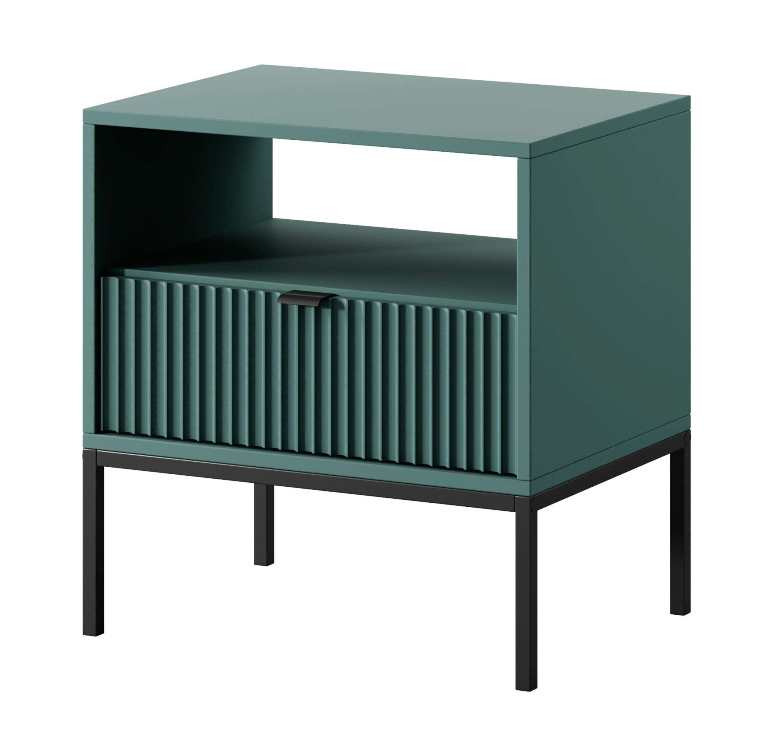 Szafka nocna Vellore 54 cm zielona z ryflowanym frontem, czarnymi uchwytami i stelażem