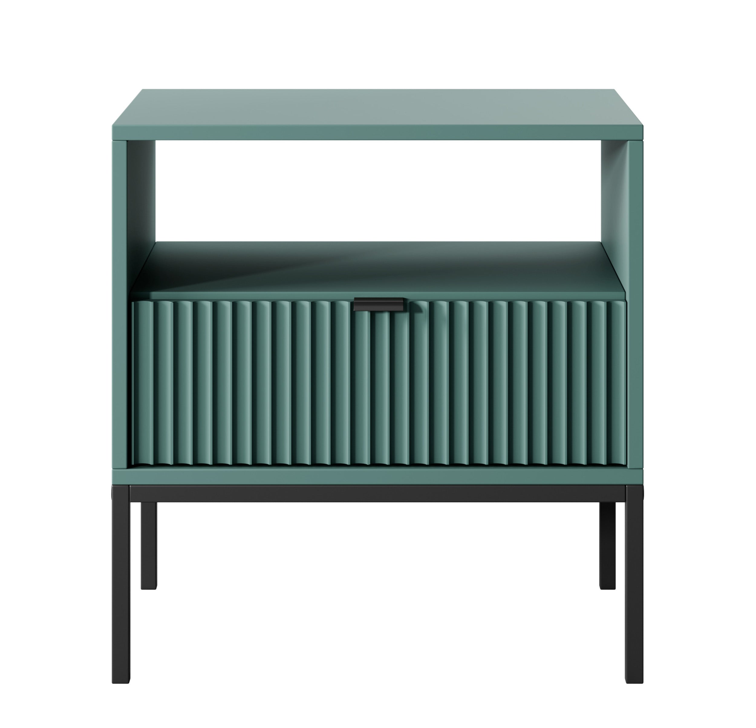 Szafka nocna Vellore 54 cm zielona z ryflowanym frontem, czarnymi uchwytami i stelażem