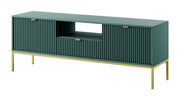 Szafka RTV Vellore 154 cm zielona z ryflowanymi frontami, złotymi uchwytami i stelażem