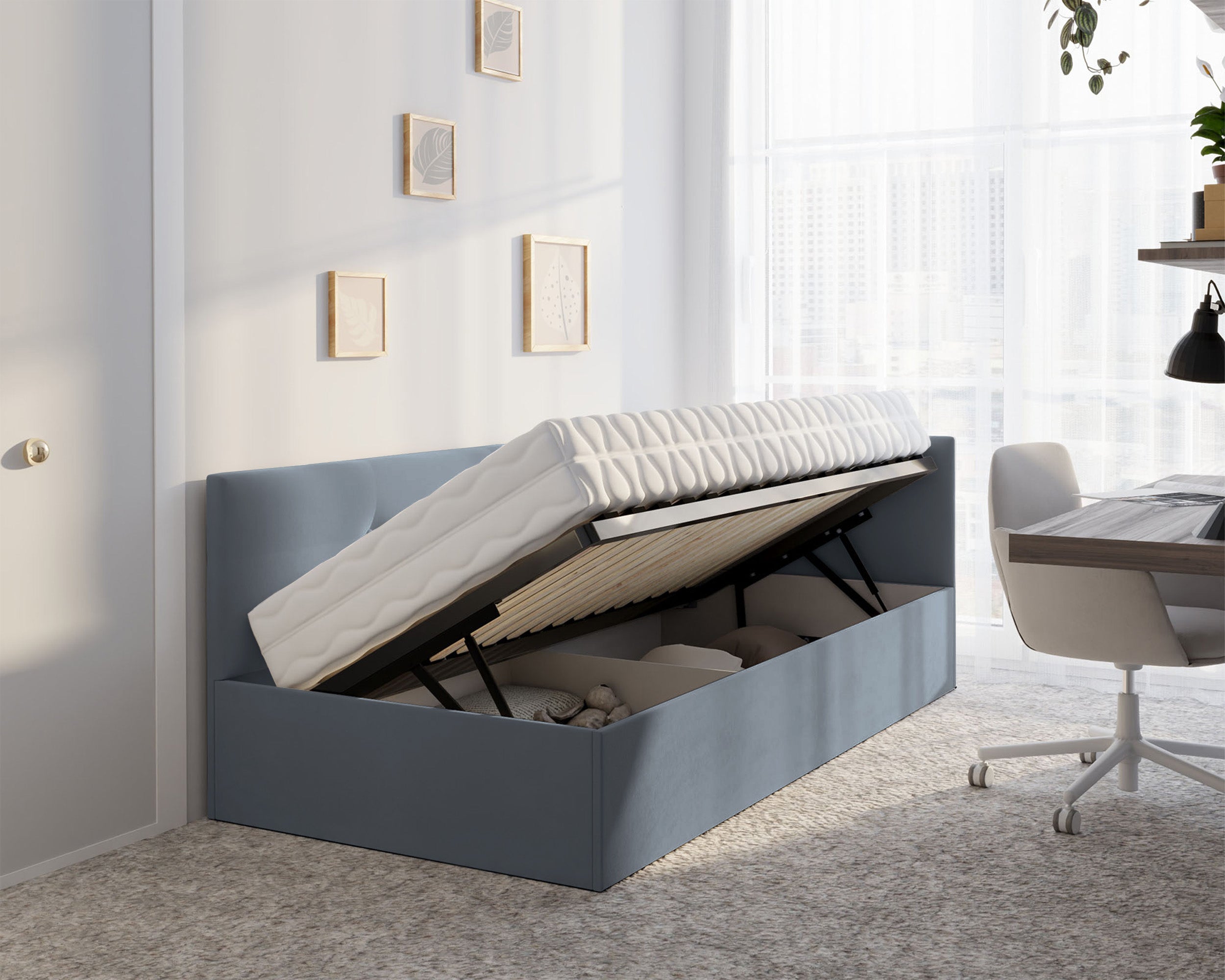 Łóżko młodzieżowe 90x200 cm Pixxel uniwersalne stelaż metalowy szare welur