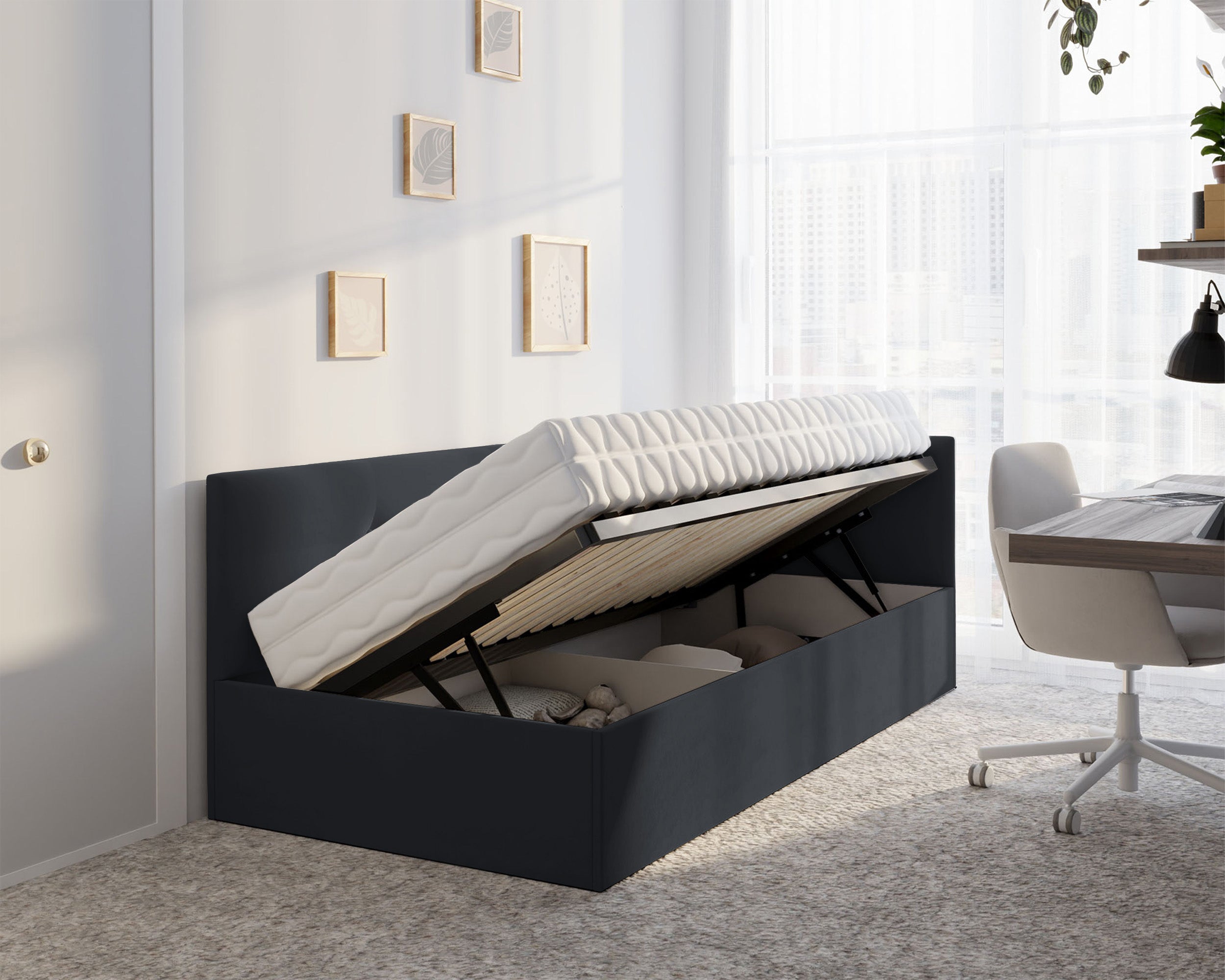 Łóżko młodzieżowe 90x200 cm Pixxel uniwersalne stelaż metalowy grafitowe welur