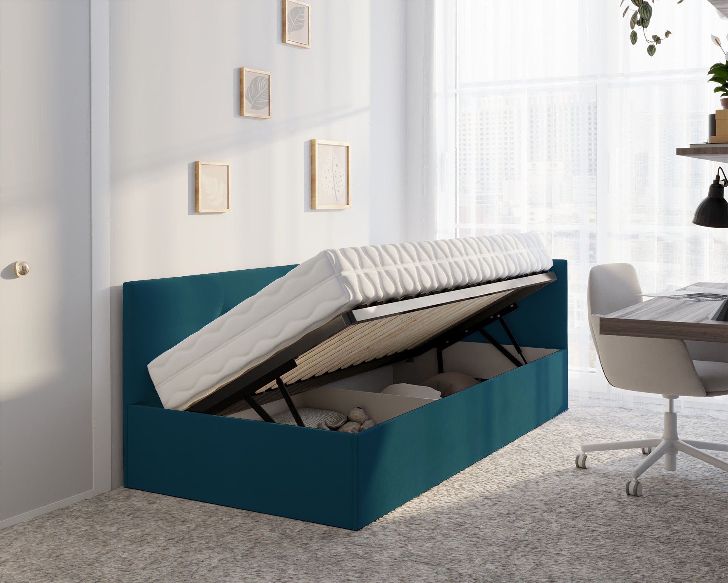 Łóżko młodzieżowe 90x200 cm Pixxel uniwersalne stelaż metalowy turkusowe welur