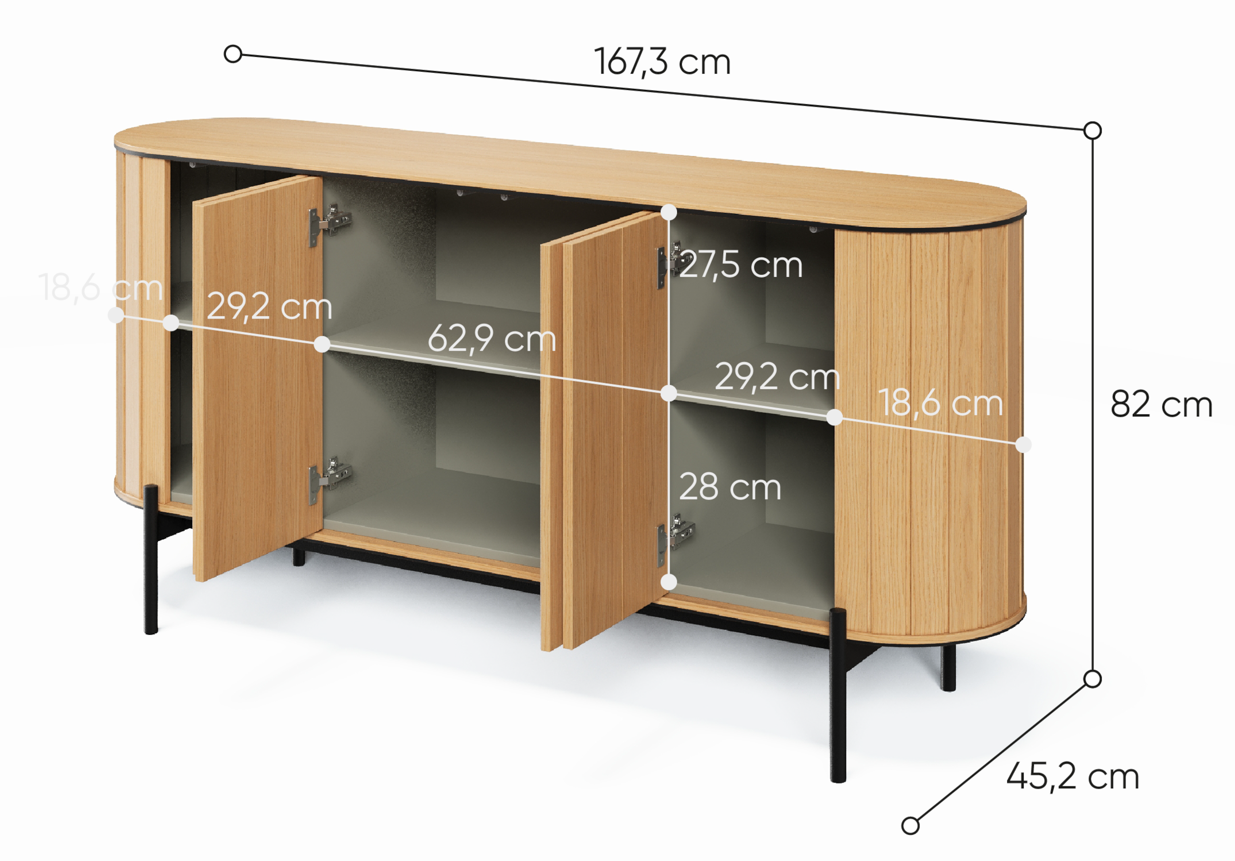 Komoda czterodrzwiowa Rotto z ryflami 168 cm dąb vincenza