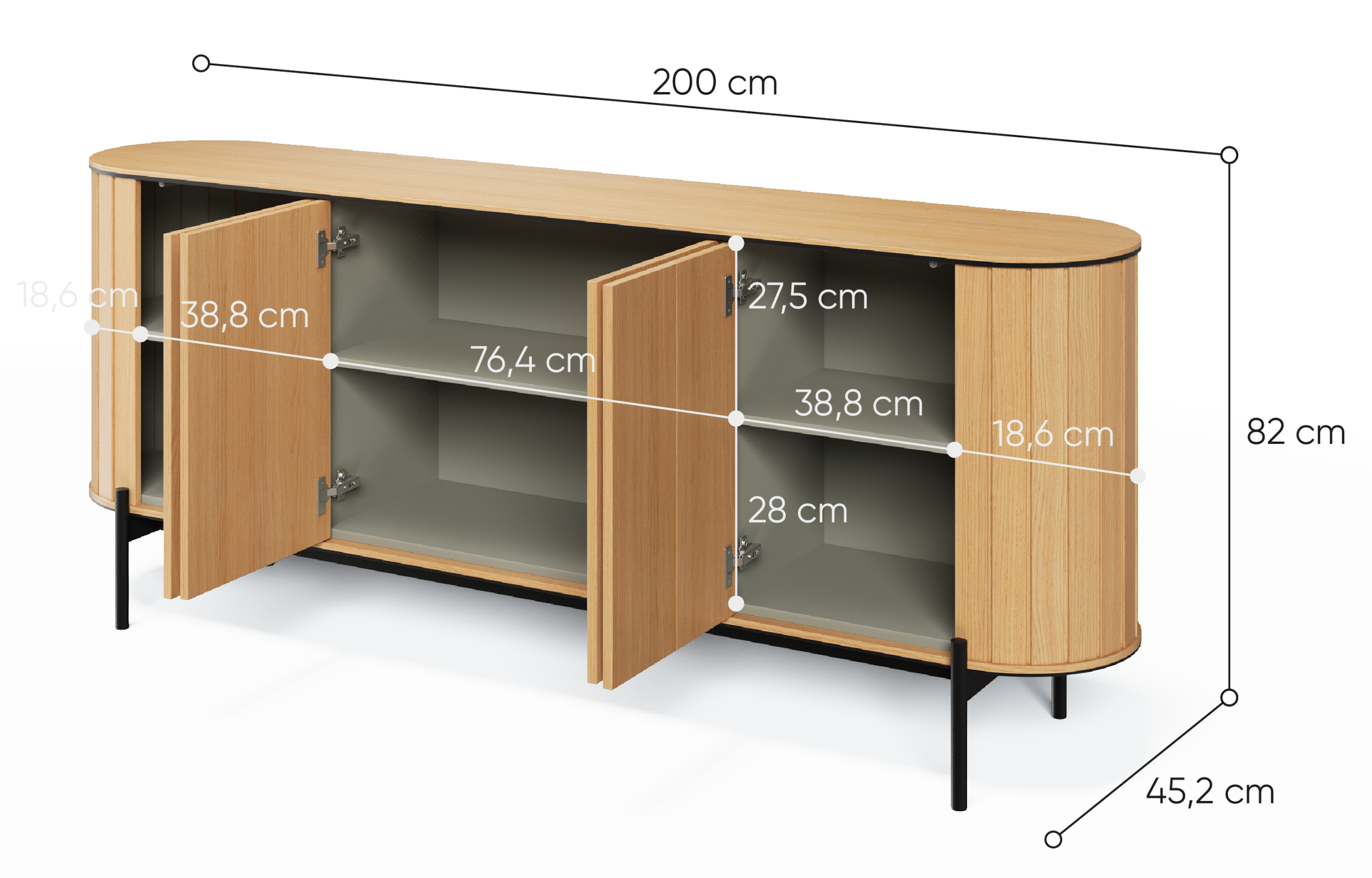 Komoda czterodrzwiowa Rotto z ryflami 200 cm dąb vincenza