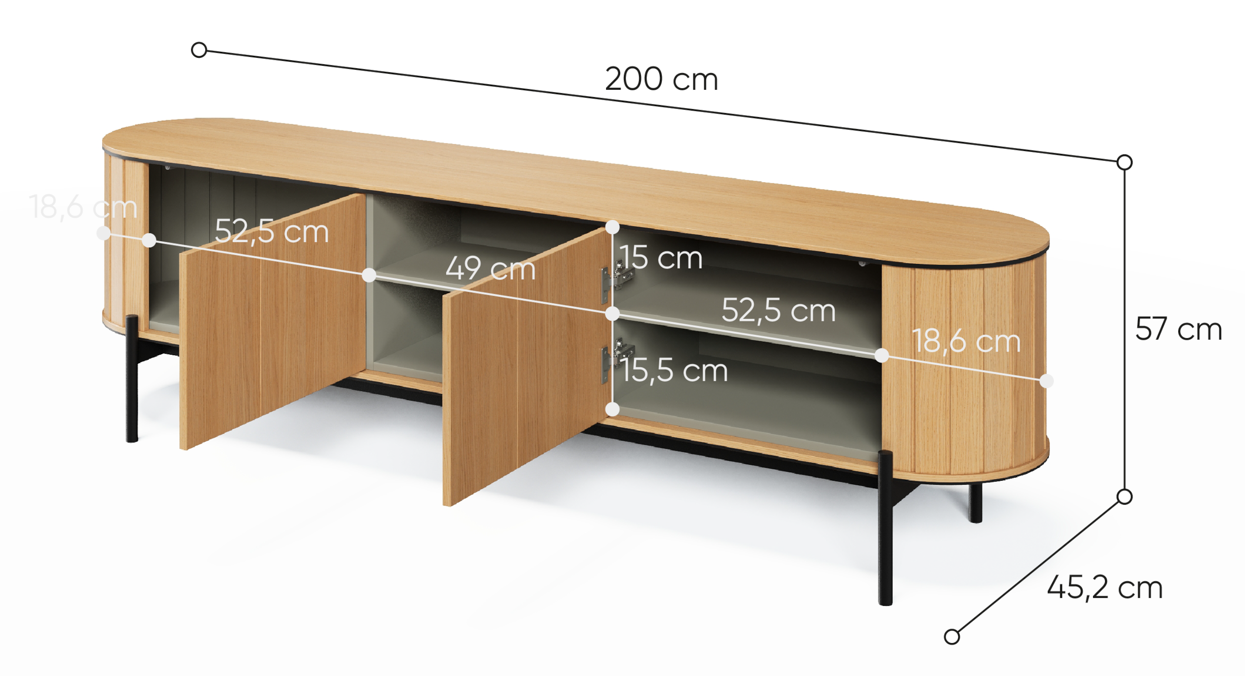 Szafka RTV dwudrzwiowa Rotto z ryflami 200 cm dąb vincenza