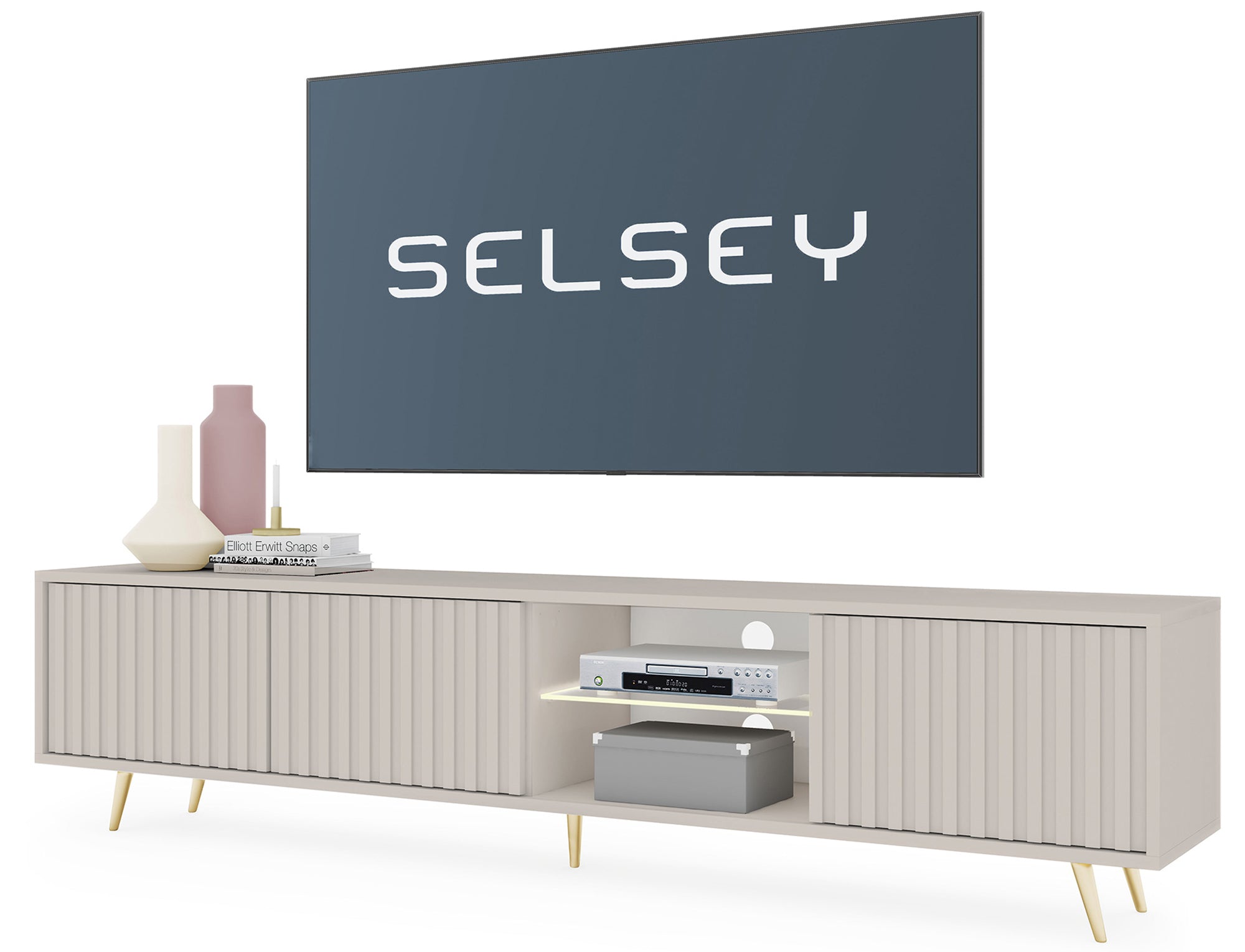 Szafka RTV trzydrzwiowa Bello z lamelowymi frontami i szklaną półką z oświetleniem LED 175 cm kaszmir na złotych nóżkach