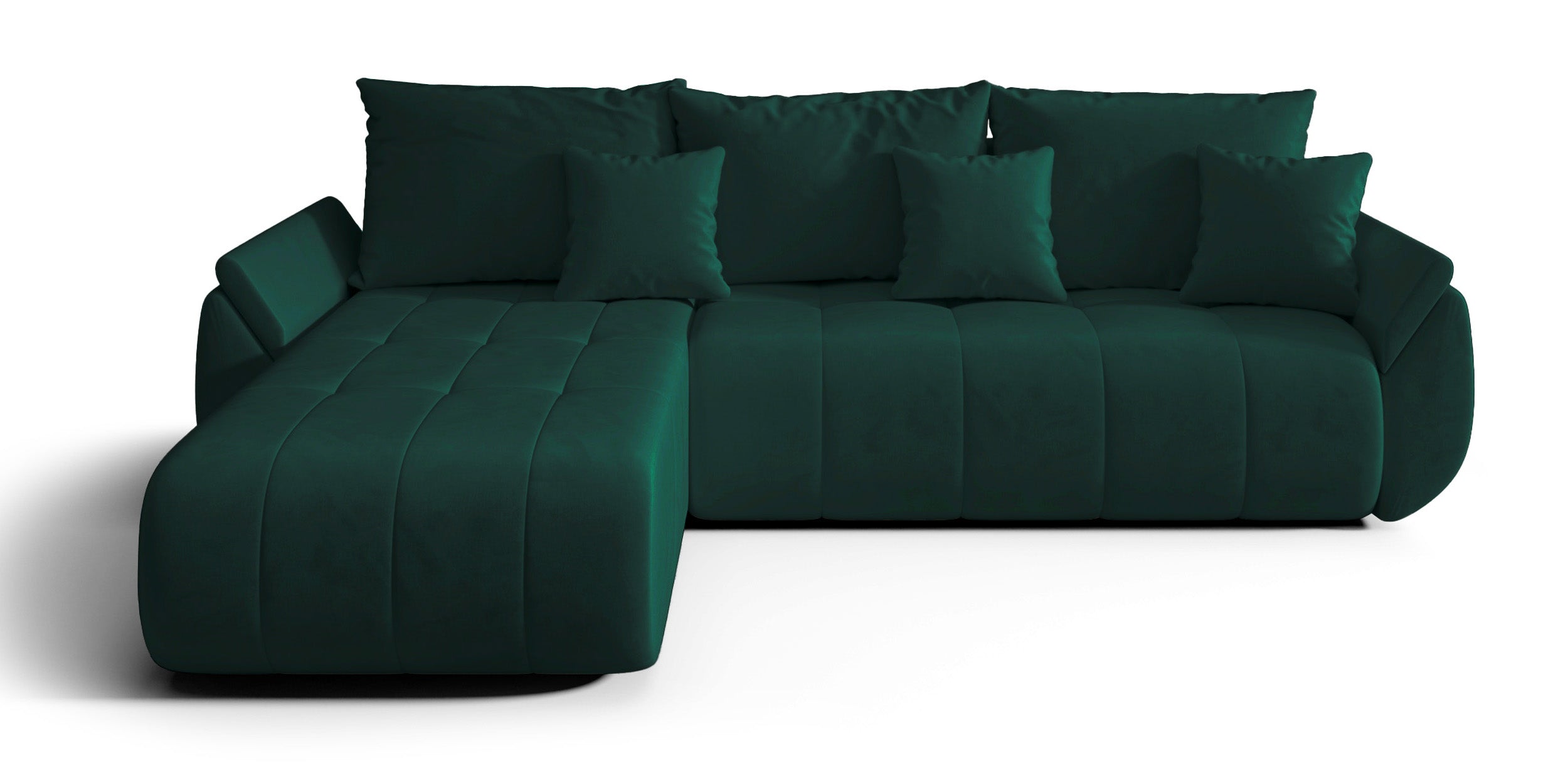 Narożnik z funkcją spania Romuldi L-kształtny lewostronny z pojemnikiem zielony welur hydrofobowy