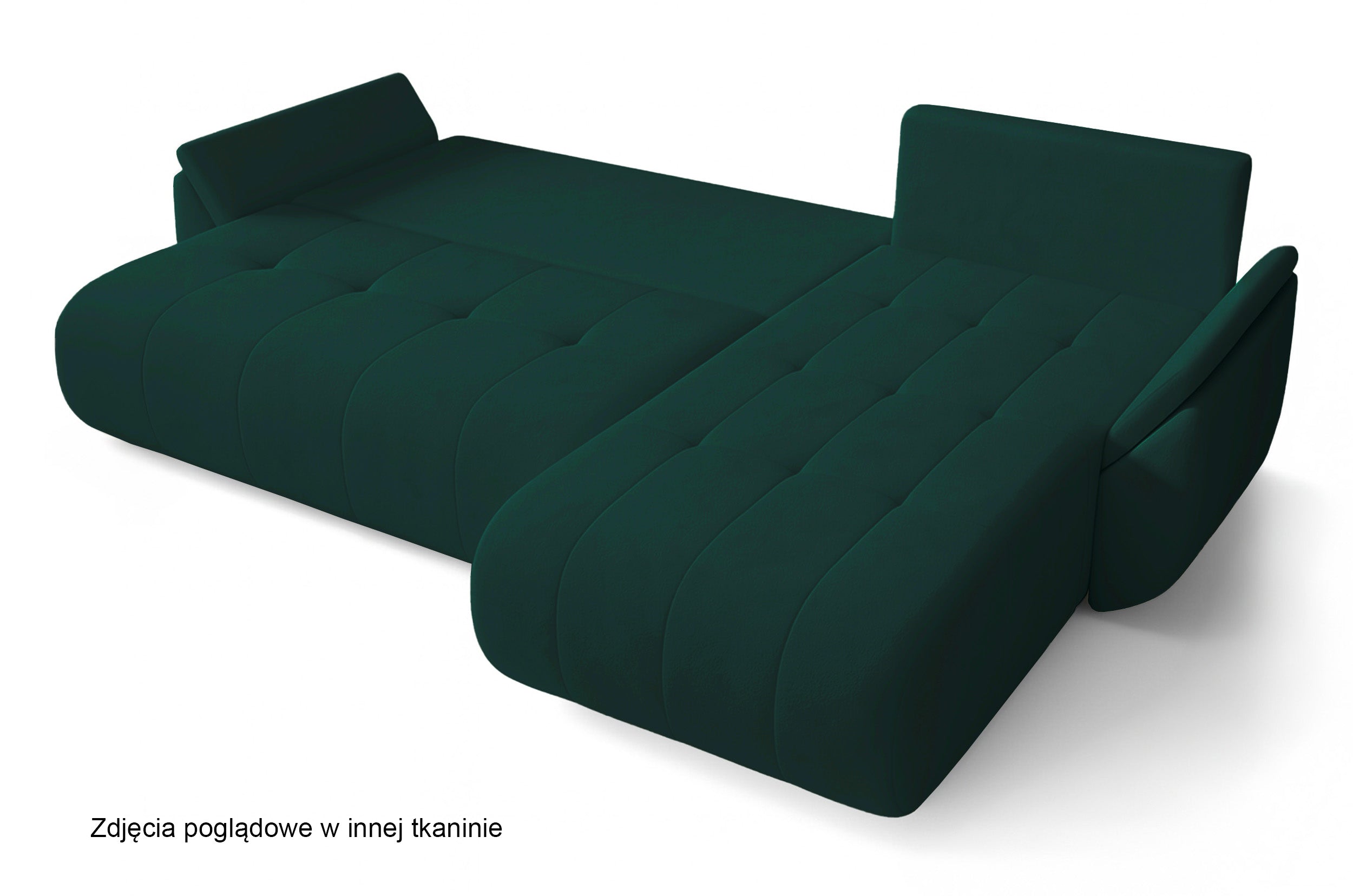 Narożnik z funkcją spania Romuldi L-kształtny lewostronny z pojemnikiem zielony welur hydrofobowy