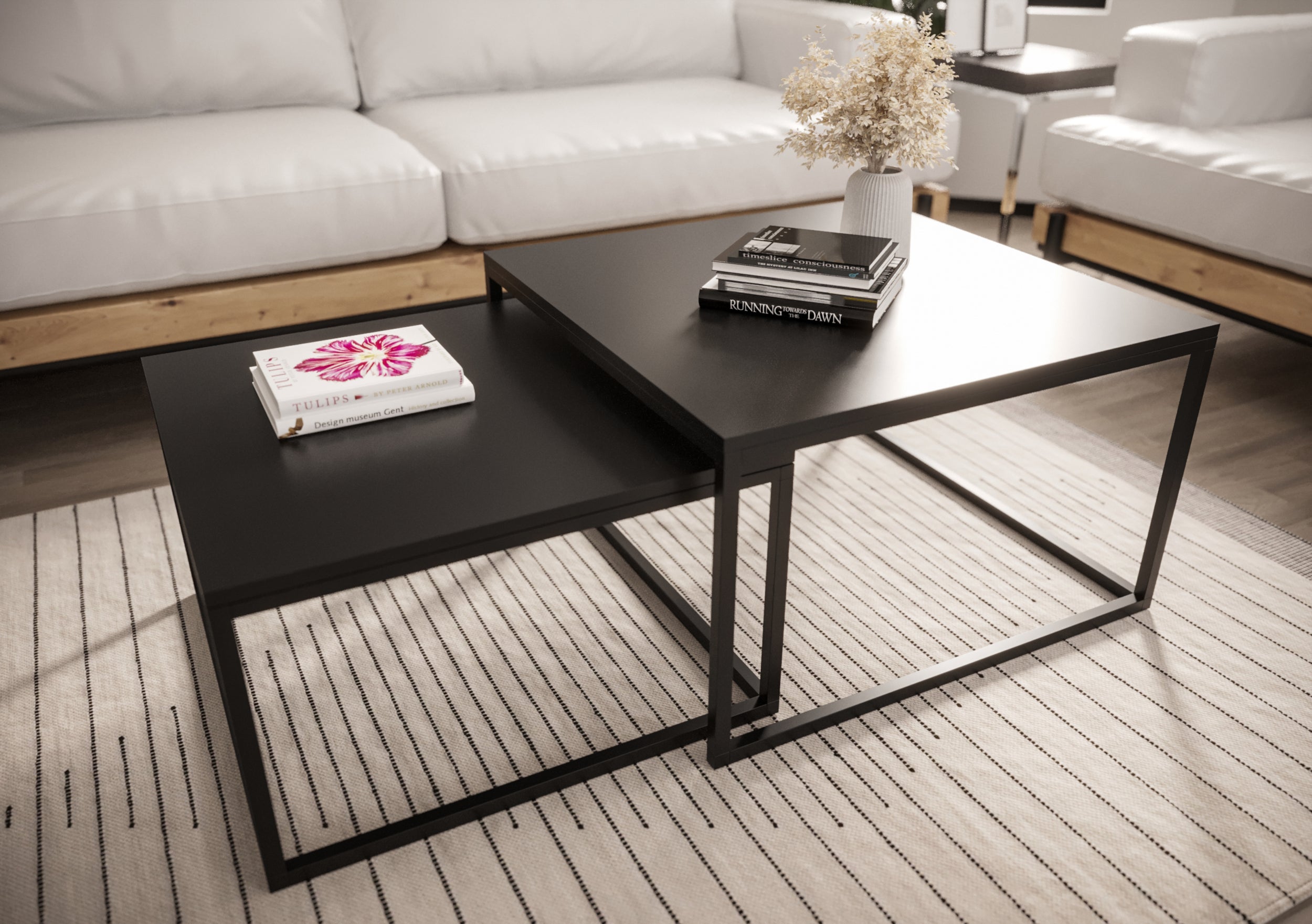 Zestaw dwóch stolików kawowych Sabello kwadratowe 70 cm i 60 cm Czarny mat