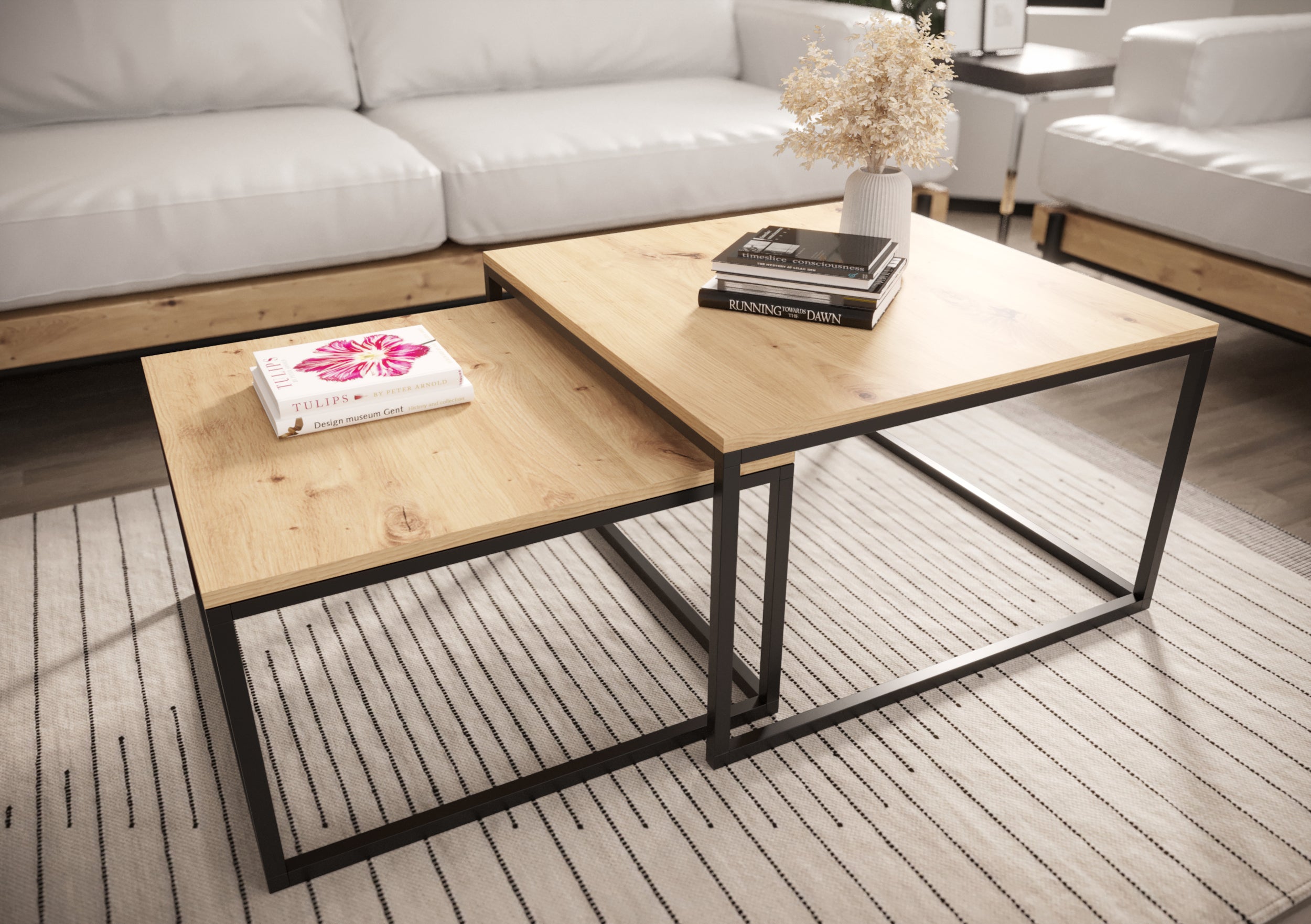 Zestaw dwóch stolików kawowych Sabello kwadratowe 70 cm i 60 cm Dąb artisan