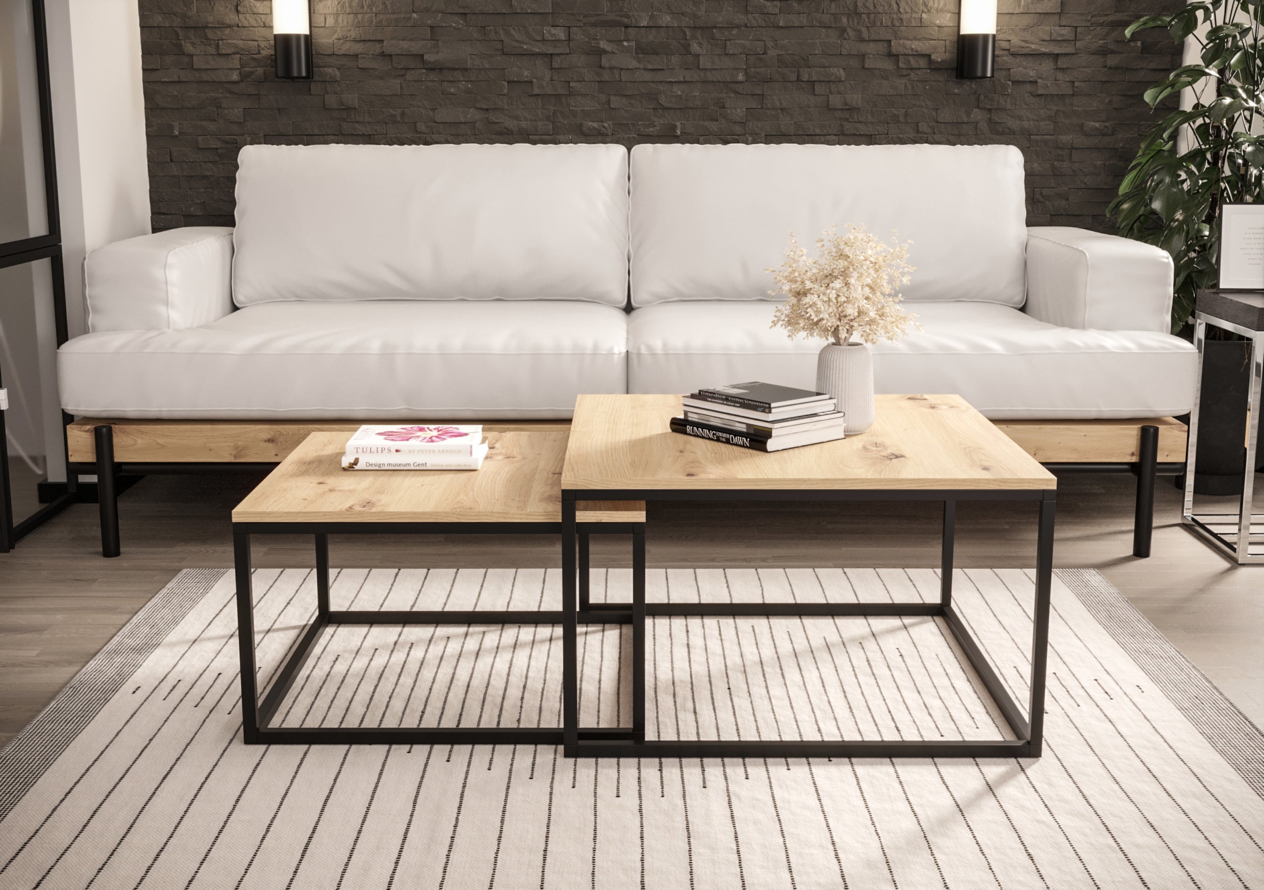 Zestaw dwóch stolików kawowych Sabello kwadratowe 70 cm i 60 cm Dąb artisan