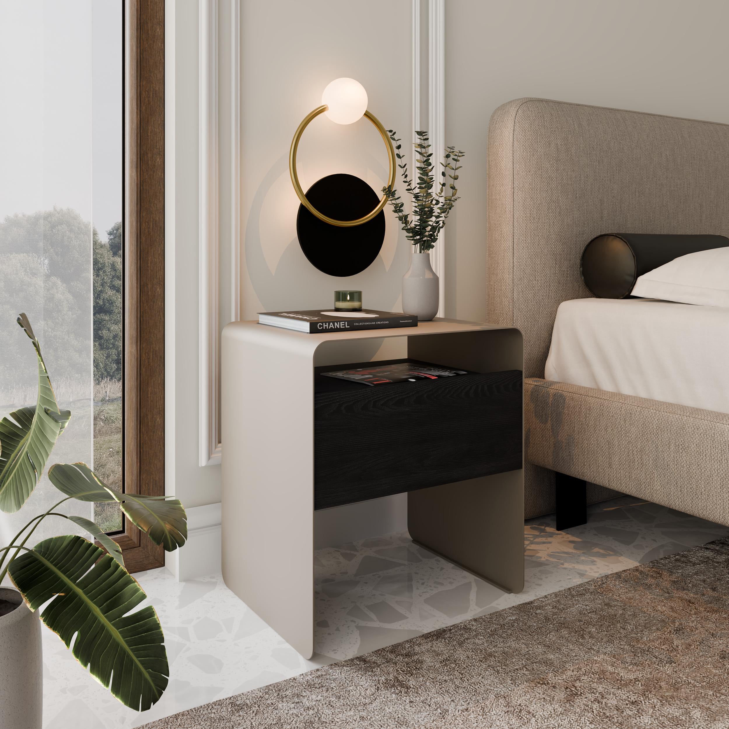 Stolik nocny Lunero z szufladą 45 cm czarny/zaokrąglona rama kaszmir