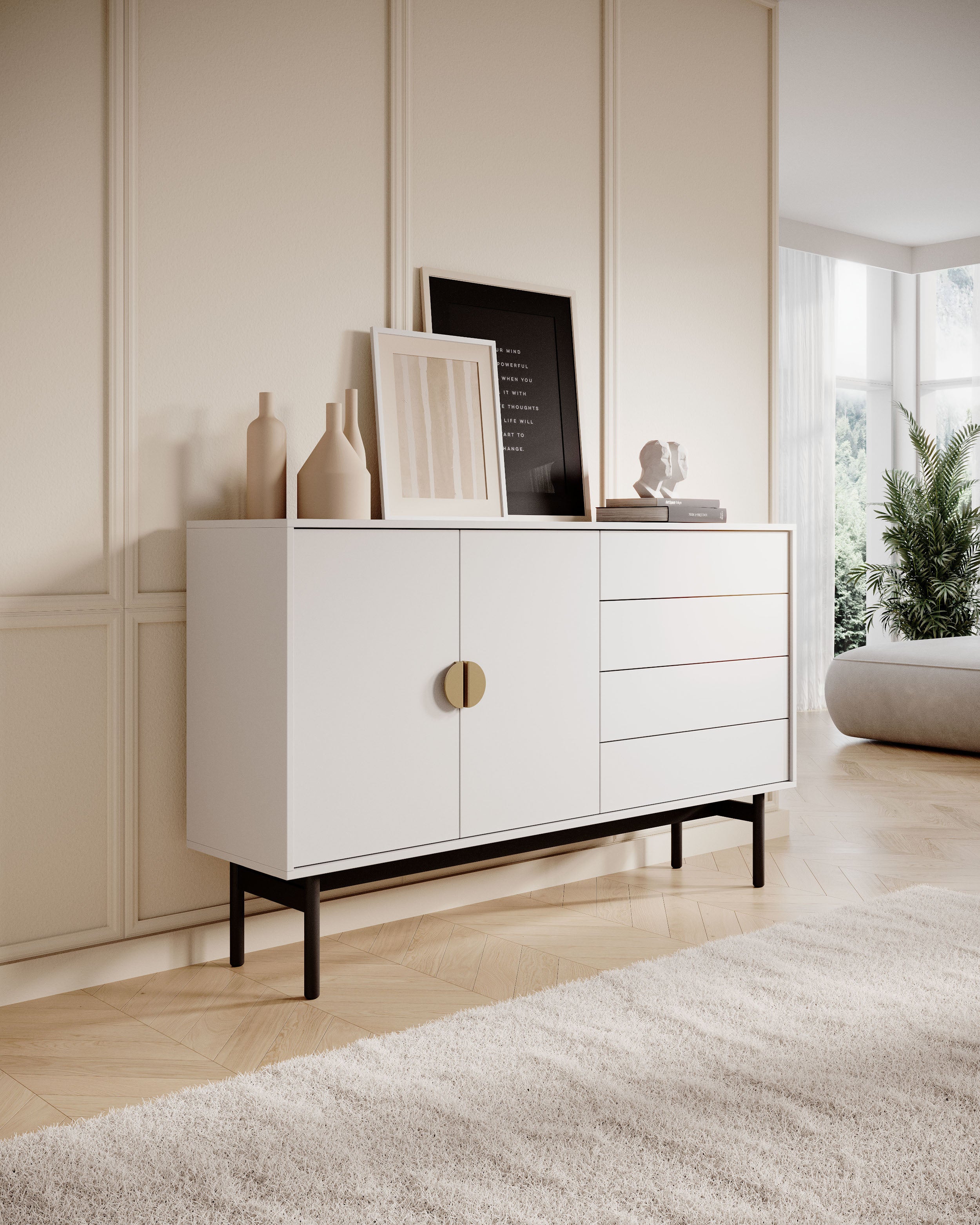 Komoda dwudrzwiowa Stoon z czterema szufladami 154 cm Biała