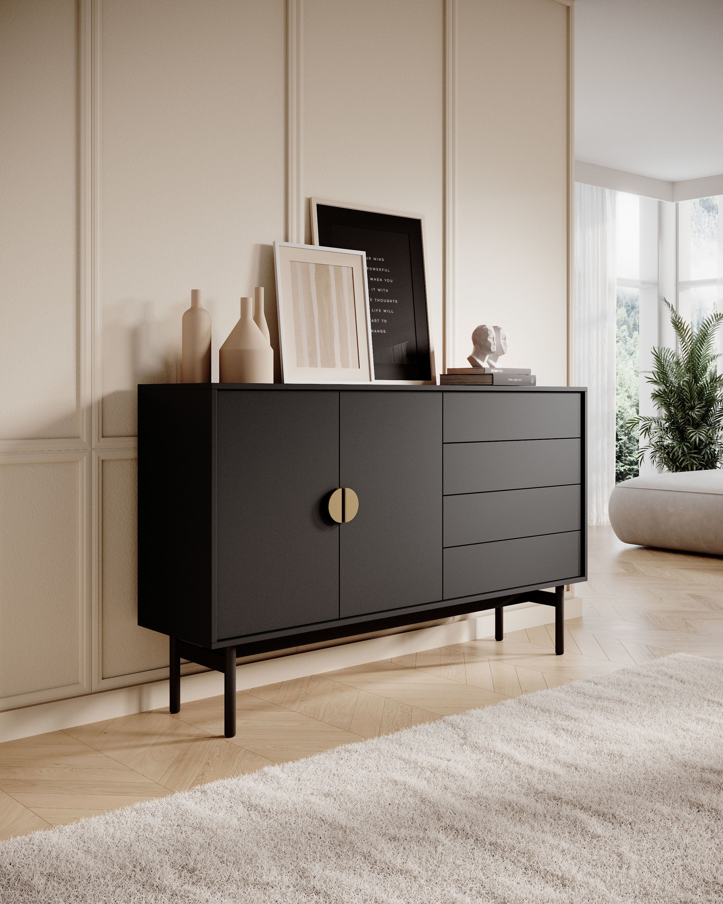 Komoda dwudrzwiowa Stoon z czterema szufladami 154 cm Czarna