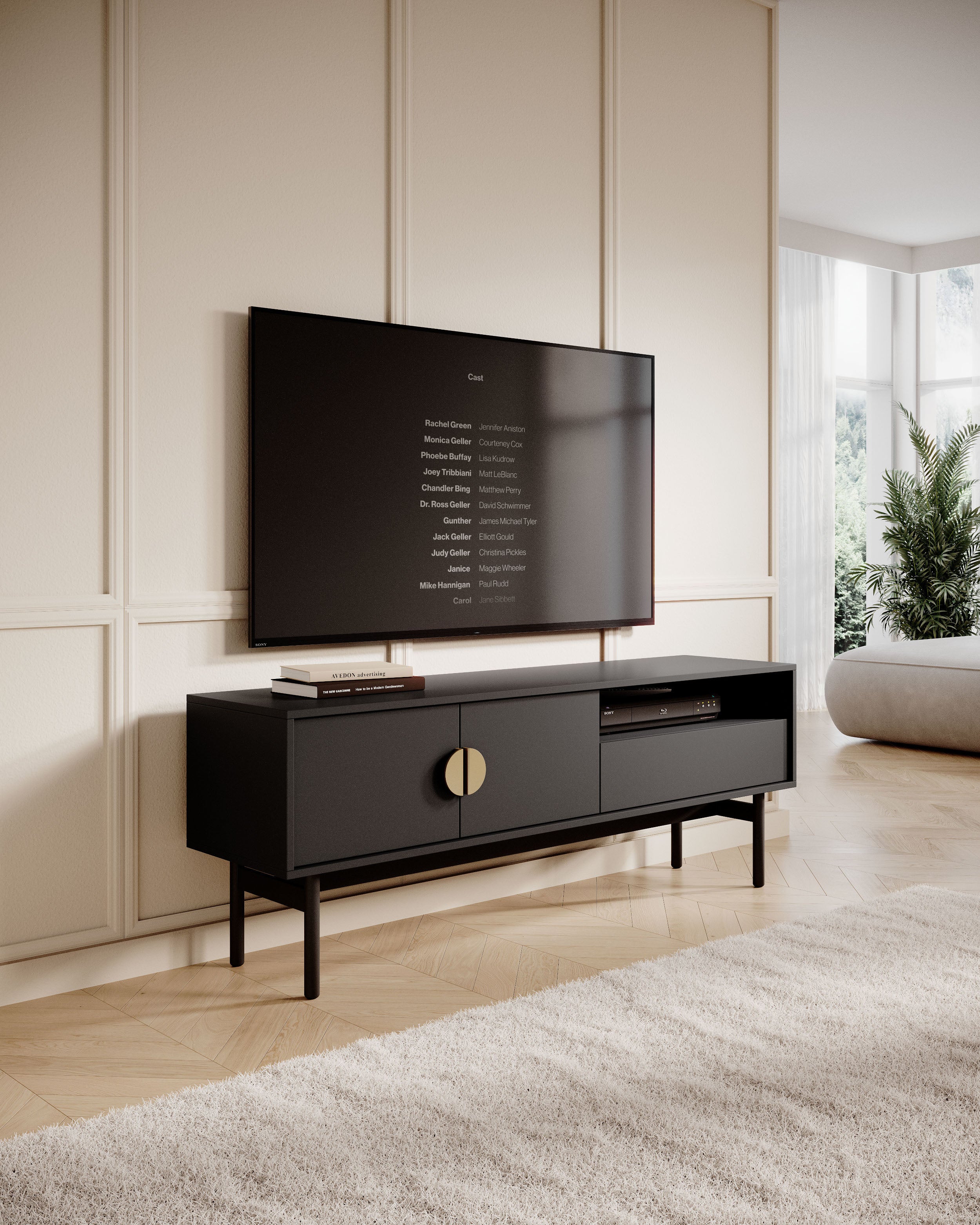 Szafka RTV dwudrzwiowa Stoon z szufladą i wnęką 154 cm Czarna