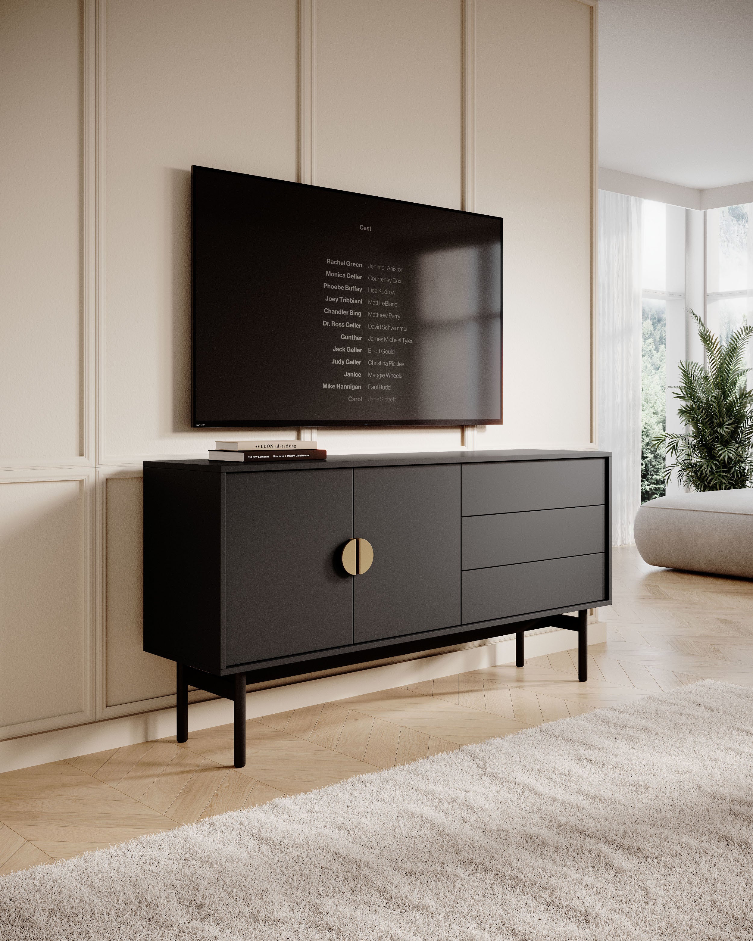 Szafka RTV dwudrzwiowa Stoon z trzema szufladami 154 cm Czarna