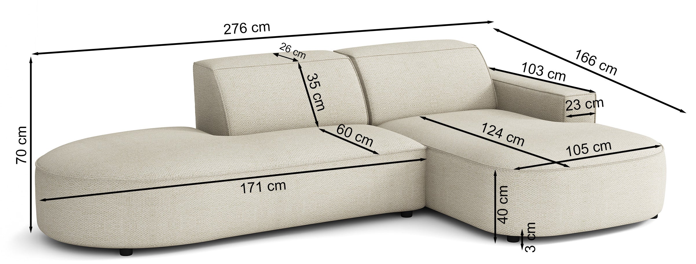 Rysunek wymiarowy - Narożnik modułowy Sallmo L-kształtny mały prawostronny jasnobrązowy: szerokość 276 cm, głębokość 166 cm, wysokość 70 cm
