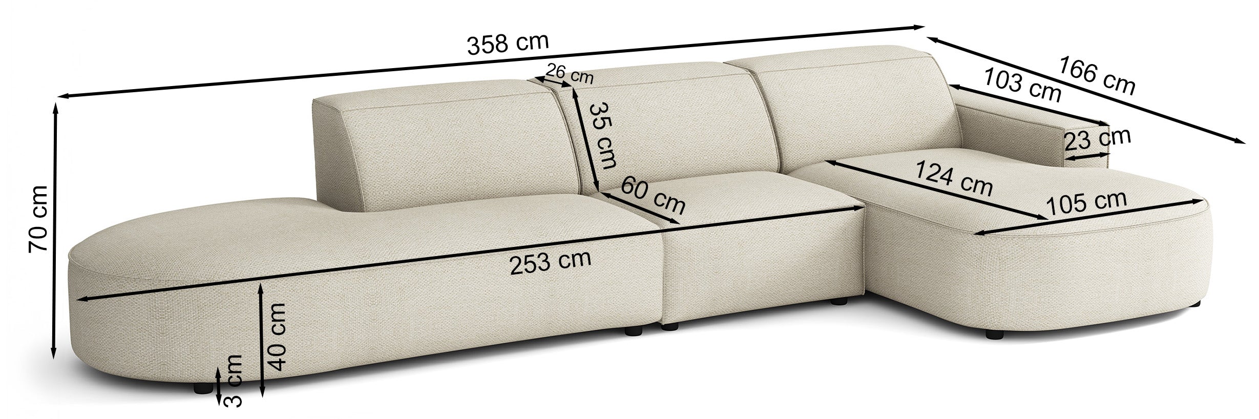 Rysunek wymiarowy - Narożnik modułowy Sallmo L-kształtny prawostronny jasnobrązowy: szerokość 358 cm, głębokość 166 cm, wysokość 70 cm