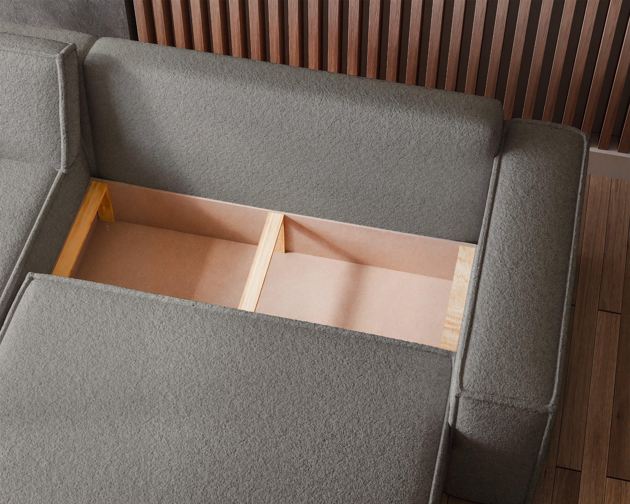 Narożnik z funkcją spania Scarlo L-kształtny uniwersalny z pojemnikiem jasnobrązowy boucle