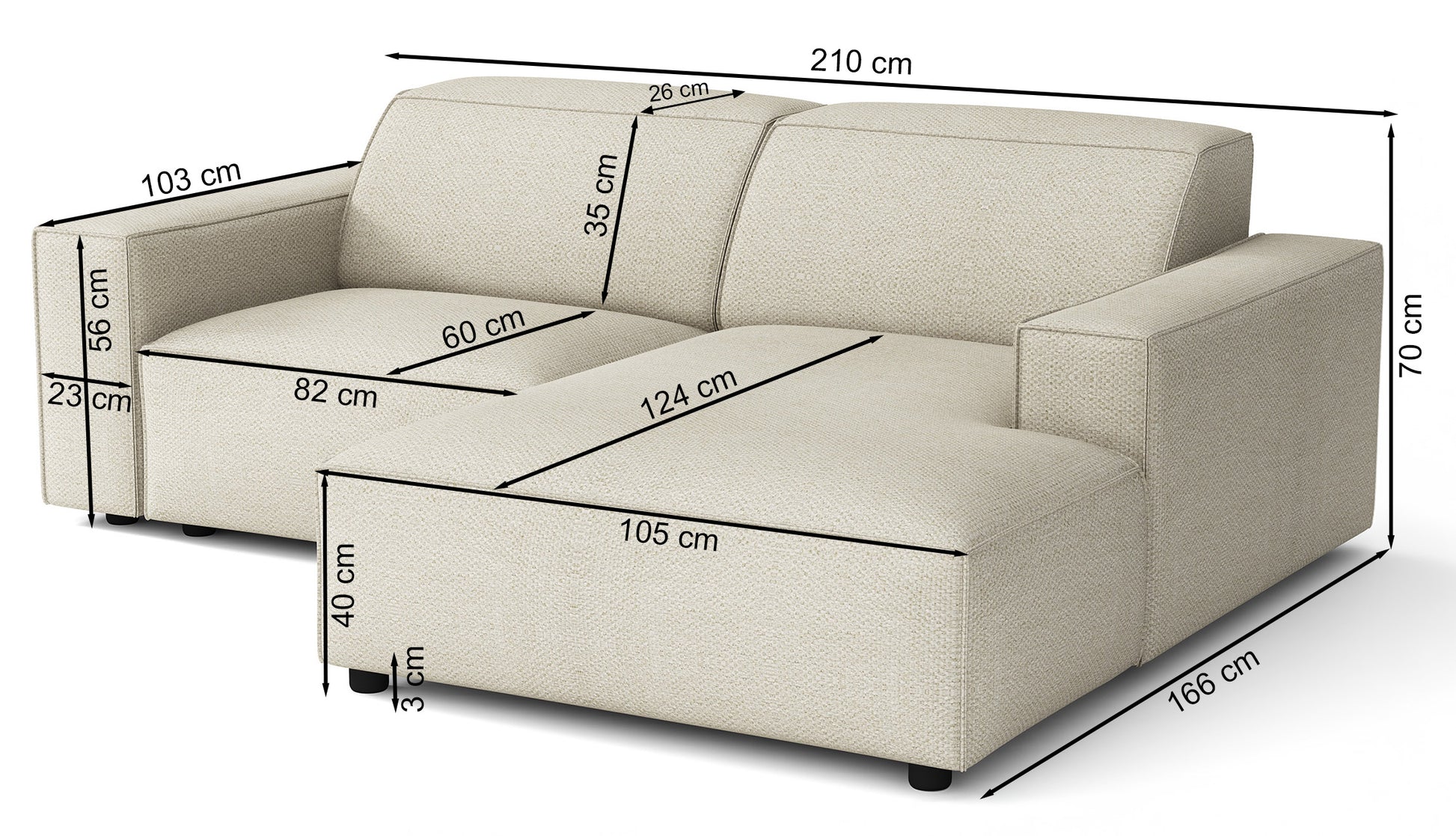 Rysunek wymiarowy - Narożnik modułowy Sellmo L-kształtny mały lewostronny jasnobrązowy: szerokość 210 cm, głębokość 166 cm, wysokość 70 cm