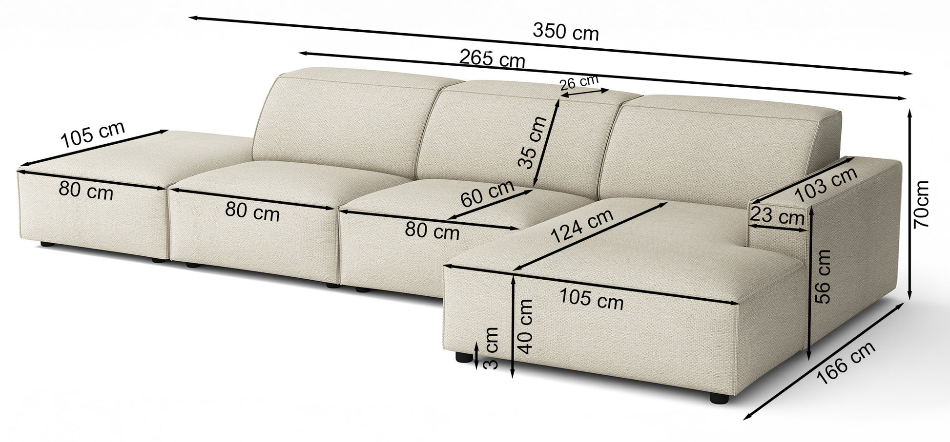 Rysunek wymiarowy - Narożnik modułowy Sellmo L-kształtny z pufą lewostronny jasnobrązowy: szerokość 350 cm, głębokość 166 cm, wysokość 70 cm