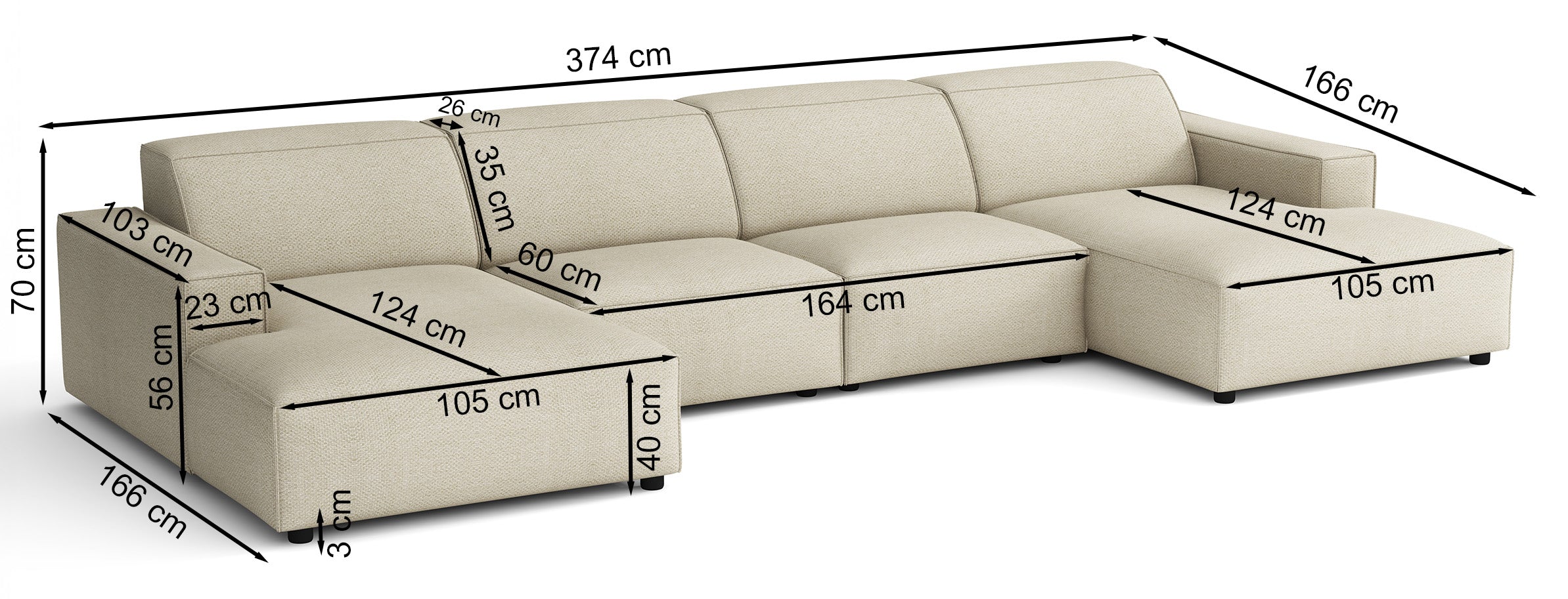 Rysunek wymiarowy - Narożnik modułowy Sellmo U-kształtny uniwersalny kremowy: szerokość 374 cm, głębokość 166 cm, wysokość 70 cm
