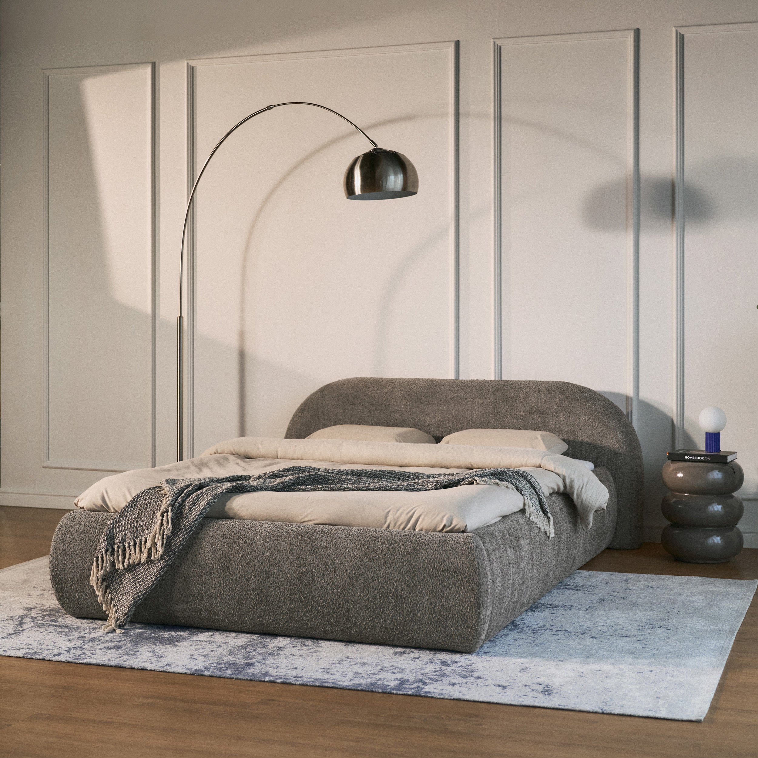 Łóżko tapicerowane 140x200 cm Shels Low z pojemnikiem stelaż metalowy brązowe boucle