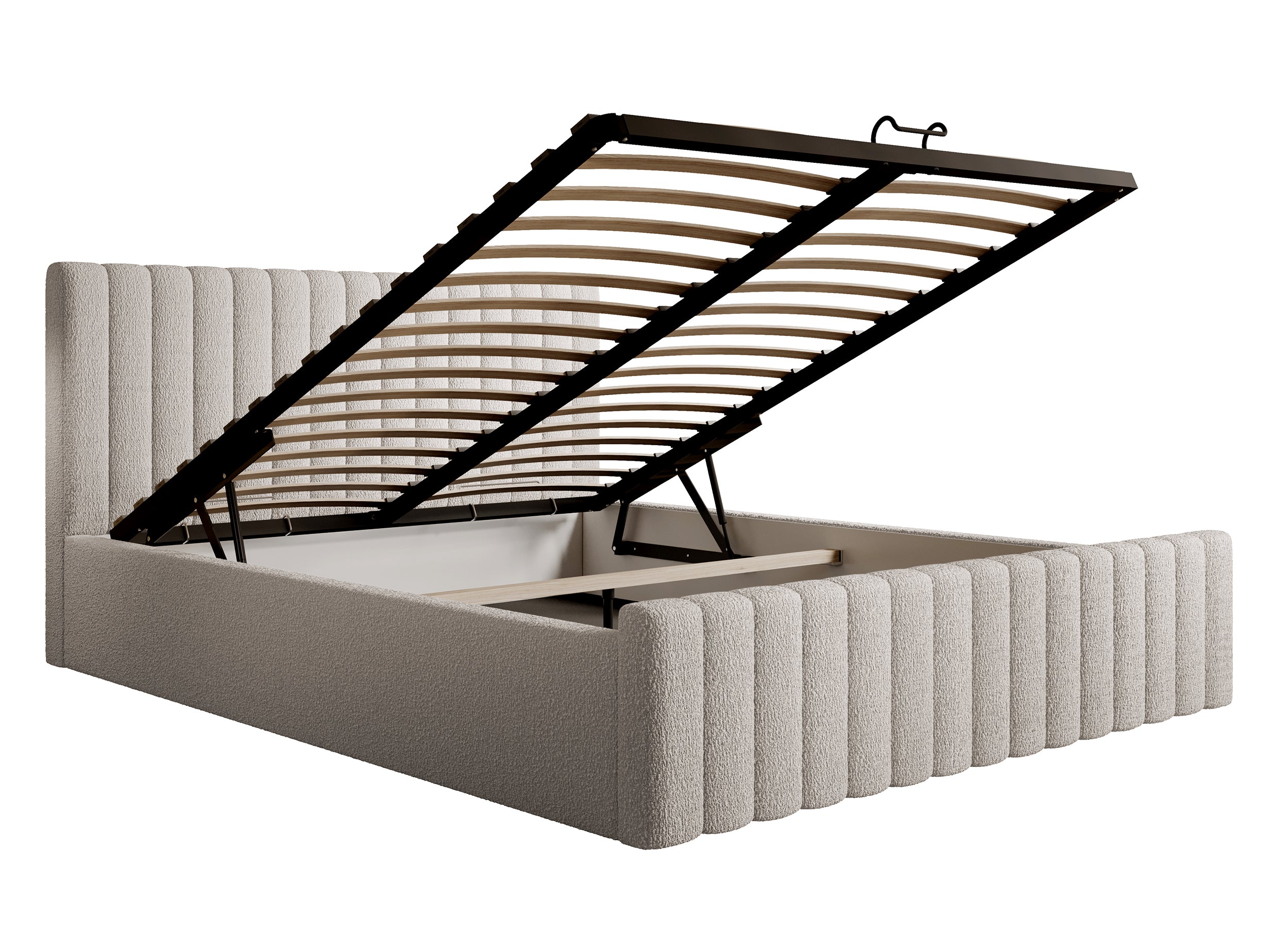 Łóżko tapicerowane 180x200 cm Ramone beżowe z pojemnikiem stelaż metalowy boucle nogi czarne