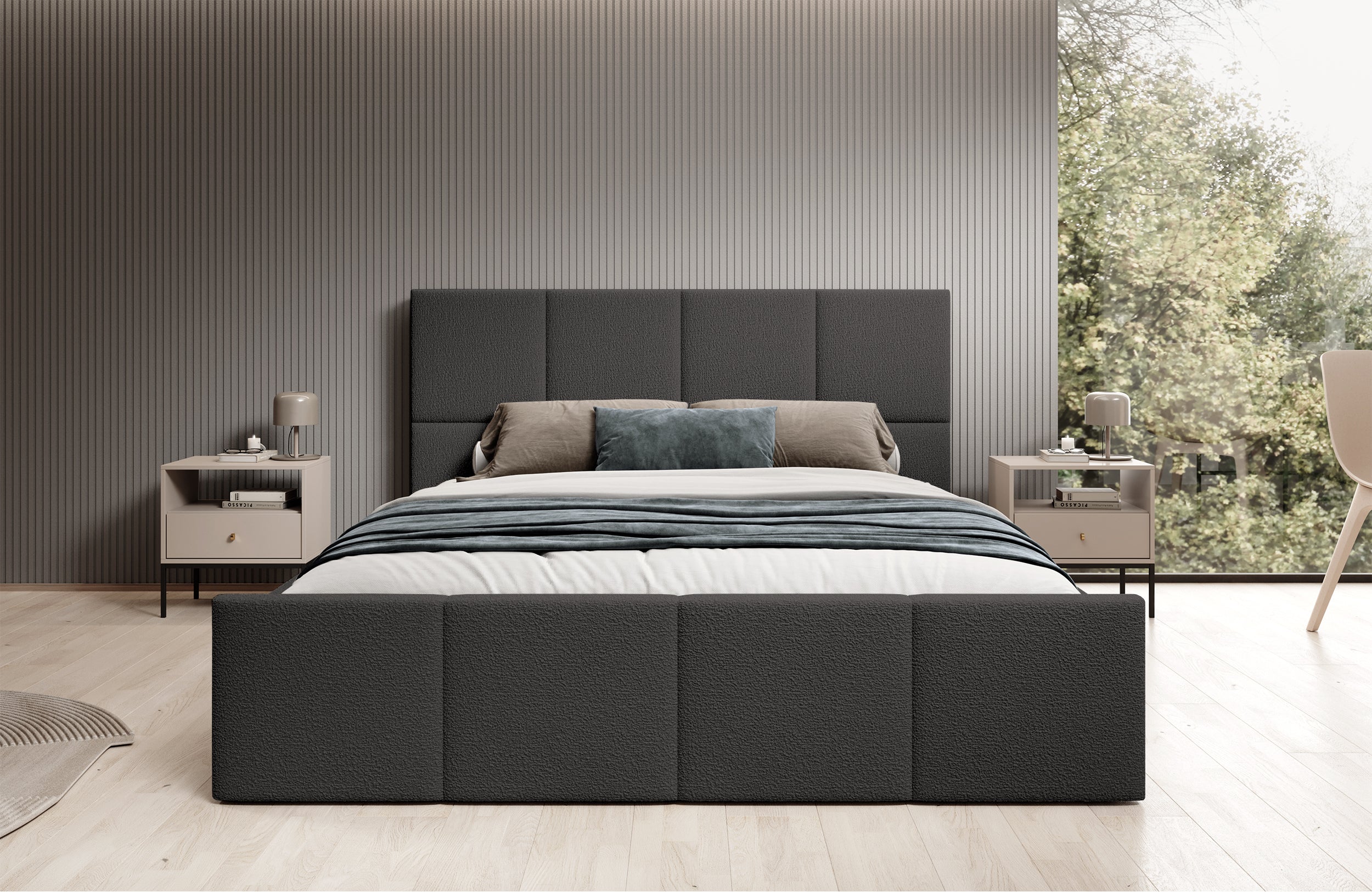 Łóżko tapicerowane 180x200 cm Monera ciemnoszare z pojemnikiem stelaż metalowy boucle nogi czarne