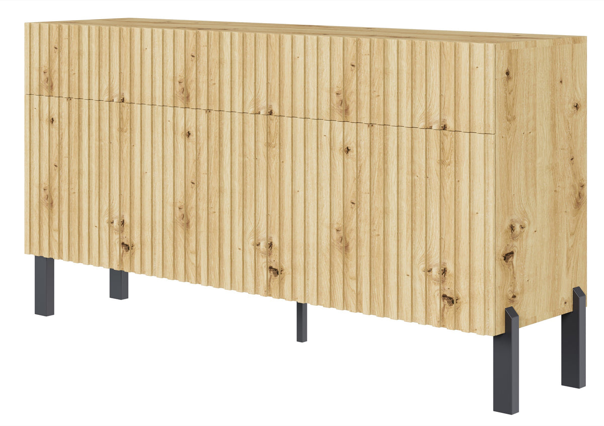 Komoda trzydrzwiowa Telire 154 cm z trzema szufladami i lamelowym frontem dąb artisan