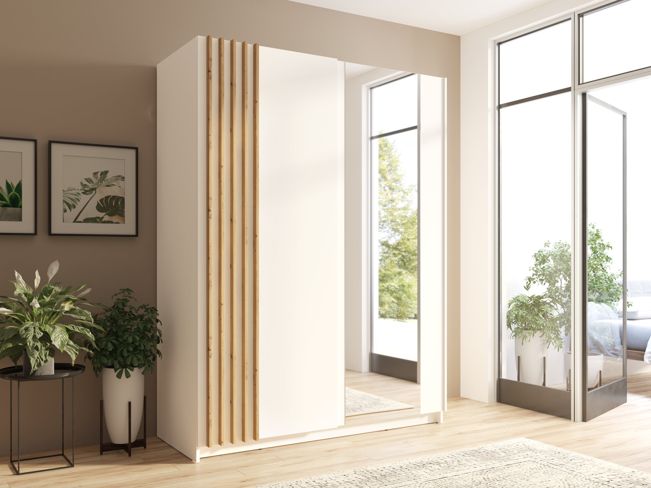 Szafa przesuwna Tollino z lustrem, półkami i drążkiem 150 cm Biała/Dąb artisan lamele